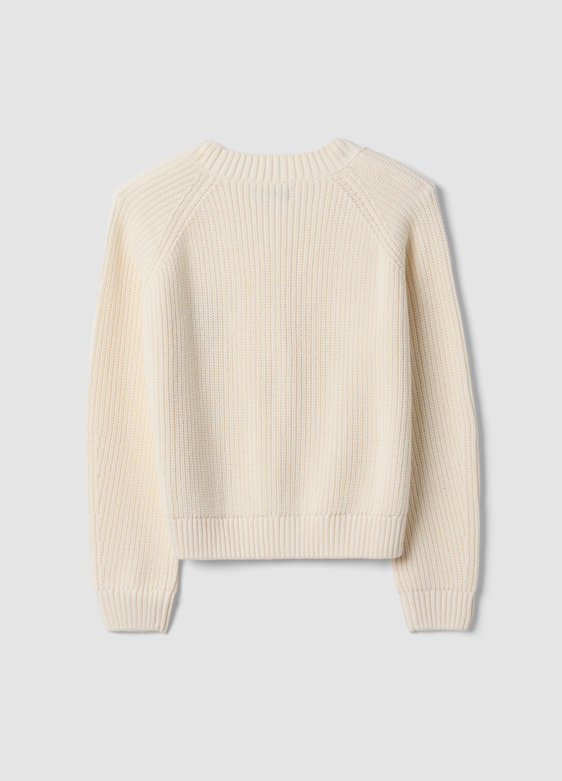 Beige cotton-blend fitted cardigan with deep V-neck