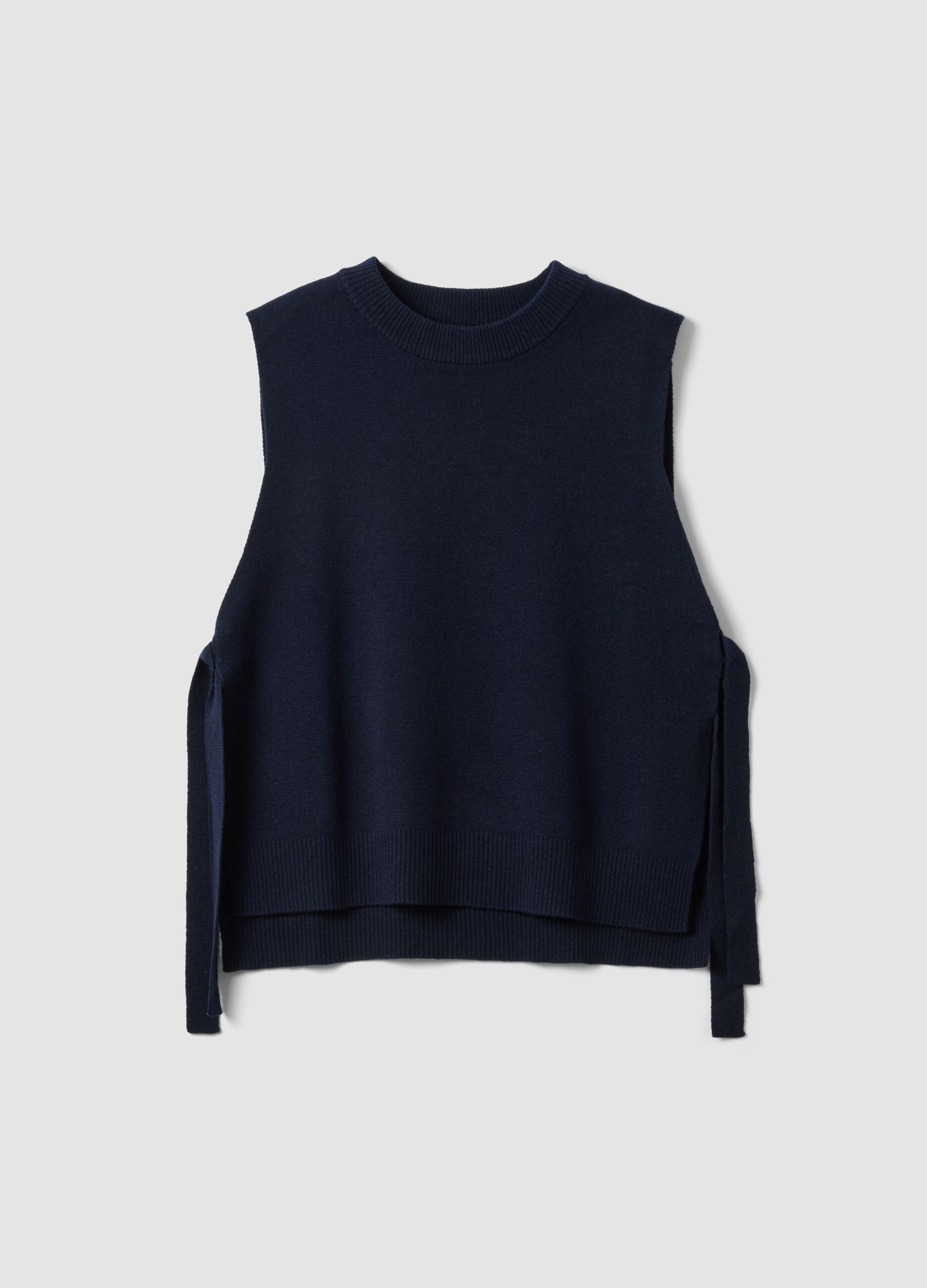 Blue wool-blend crew-neck gilet with tie-fastening side tabs, regular fit