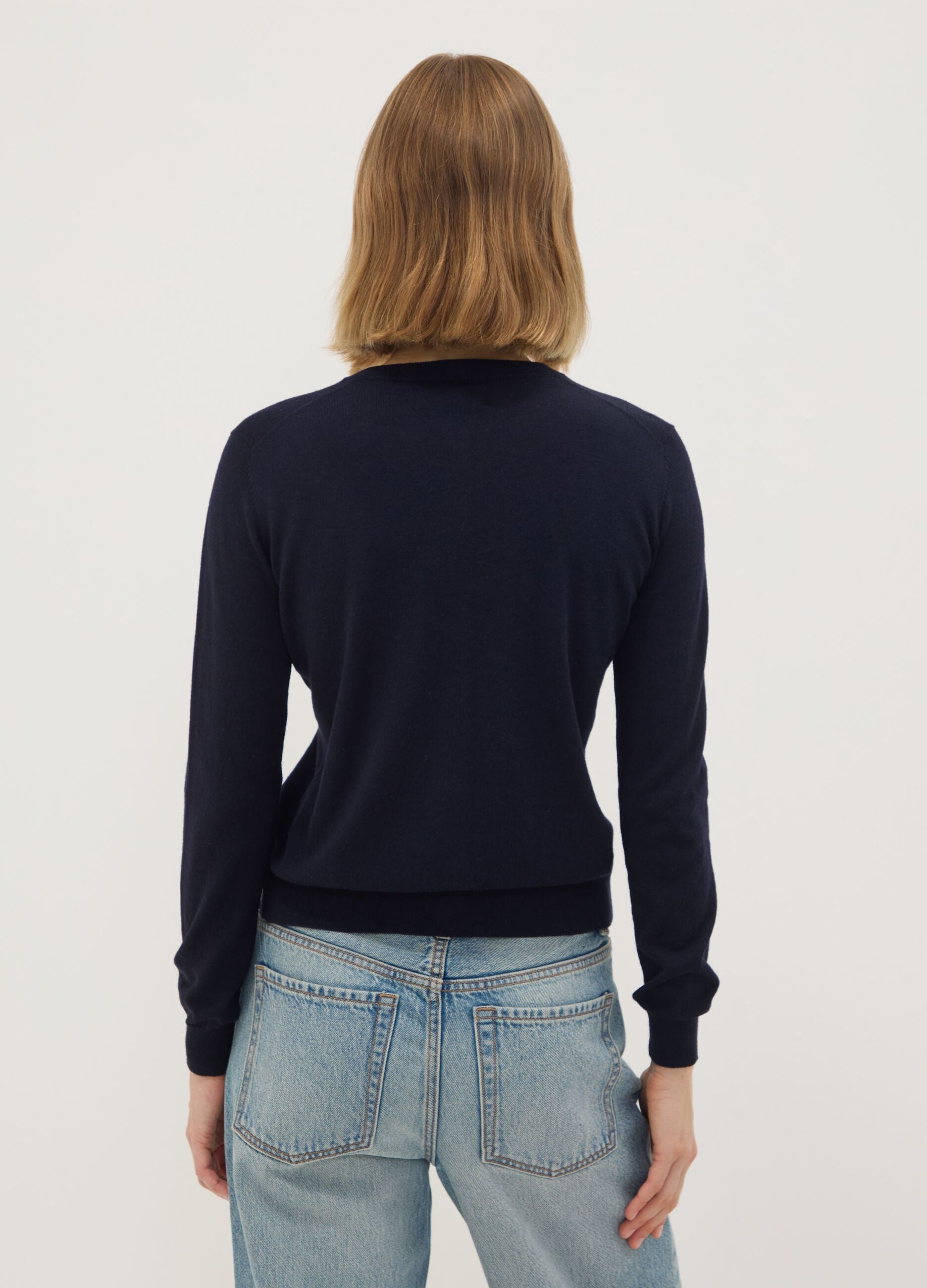 Navy wool-blend crew-neck cardigan