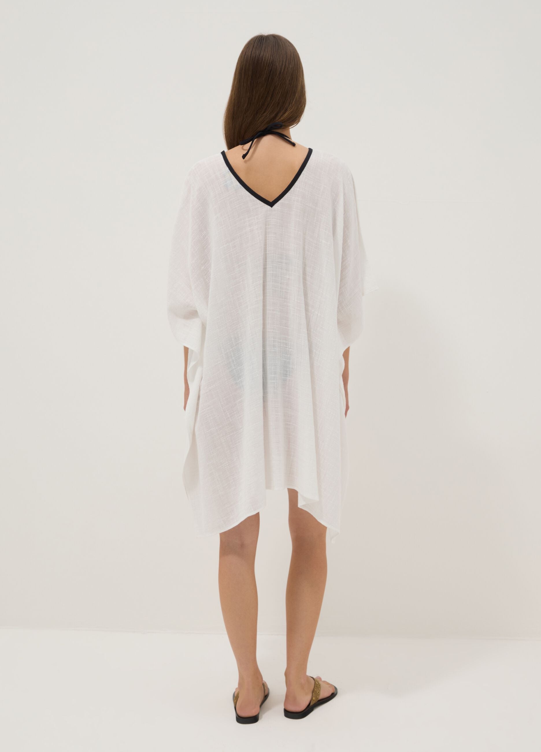White cotton-viscose blend V-neck kaftan