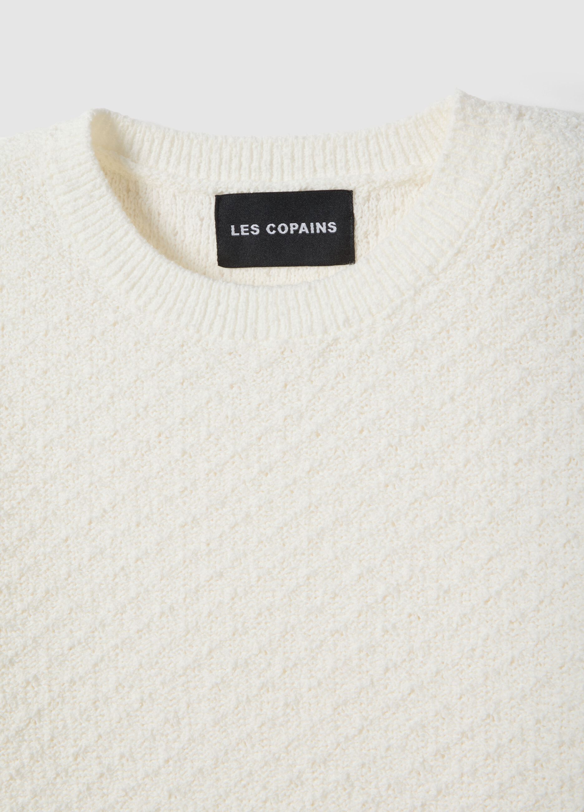 Slim Fit White Cotton Blend Crew Neck Sweater
