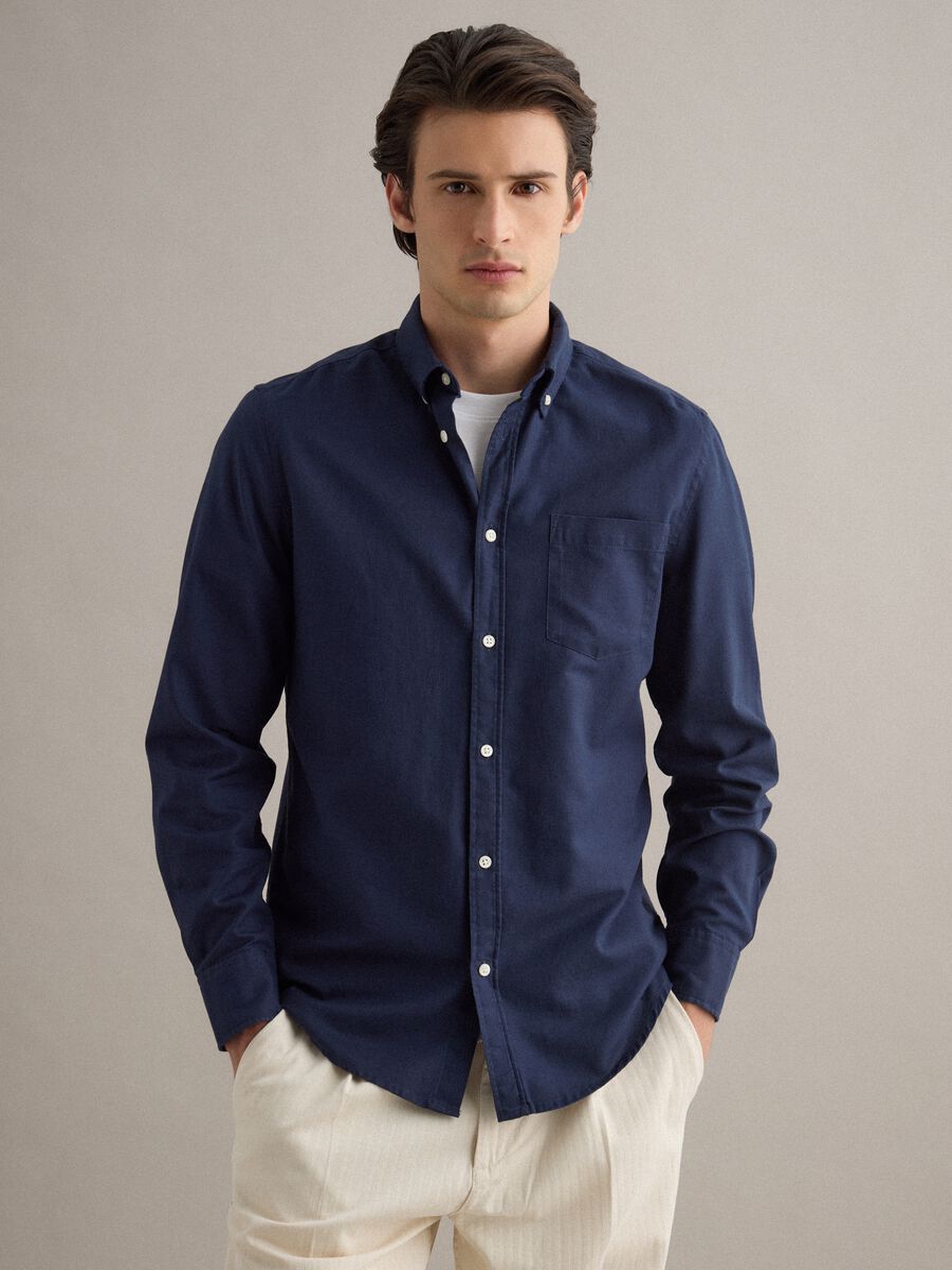 Long-sleeved blue shirt in pure cotton_0