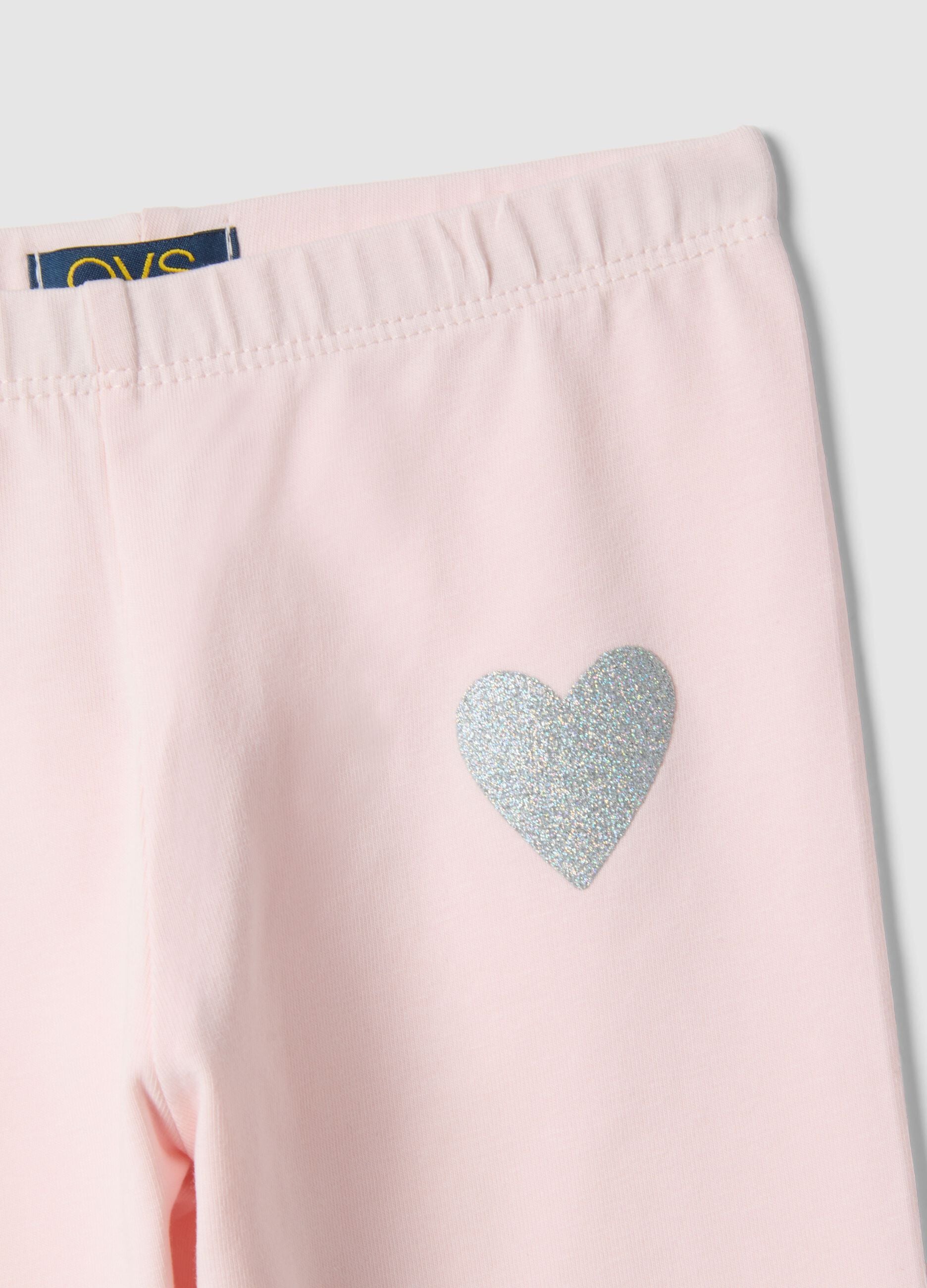 Girls' pink elasticated cotton leggings slim fit with heart