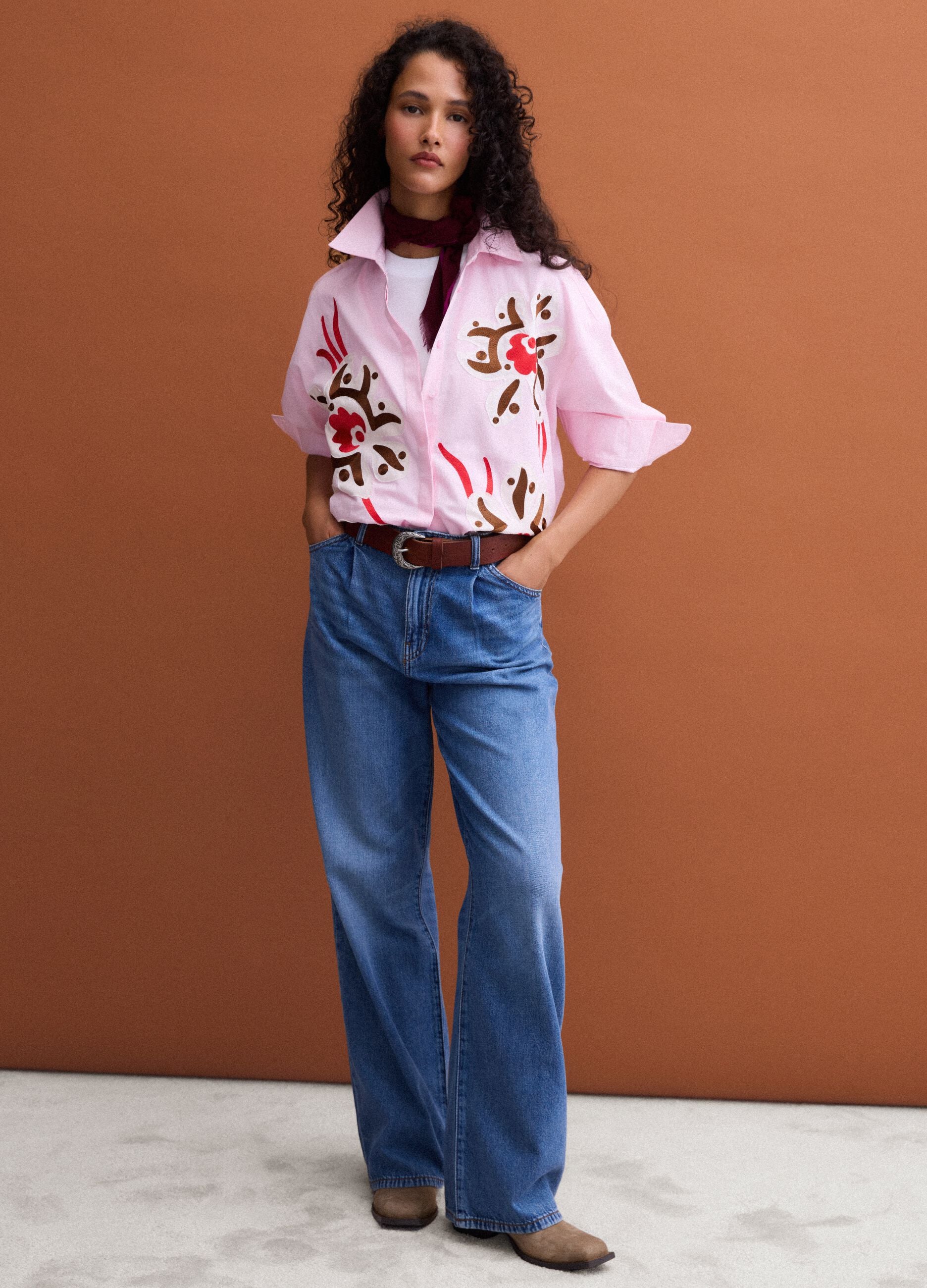 High-waisted wide-leg blue jeans in pure cotton