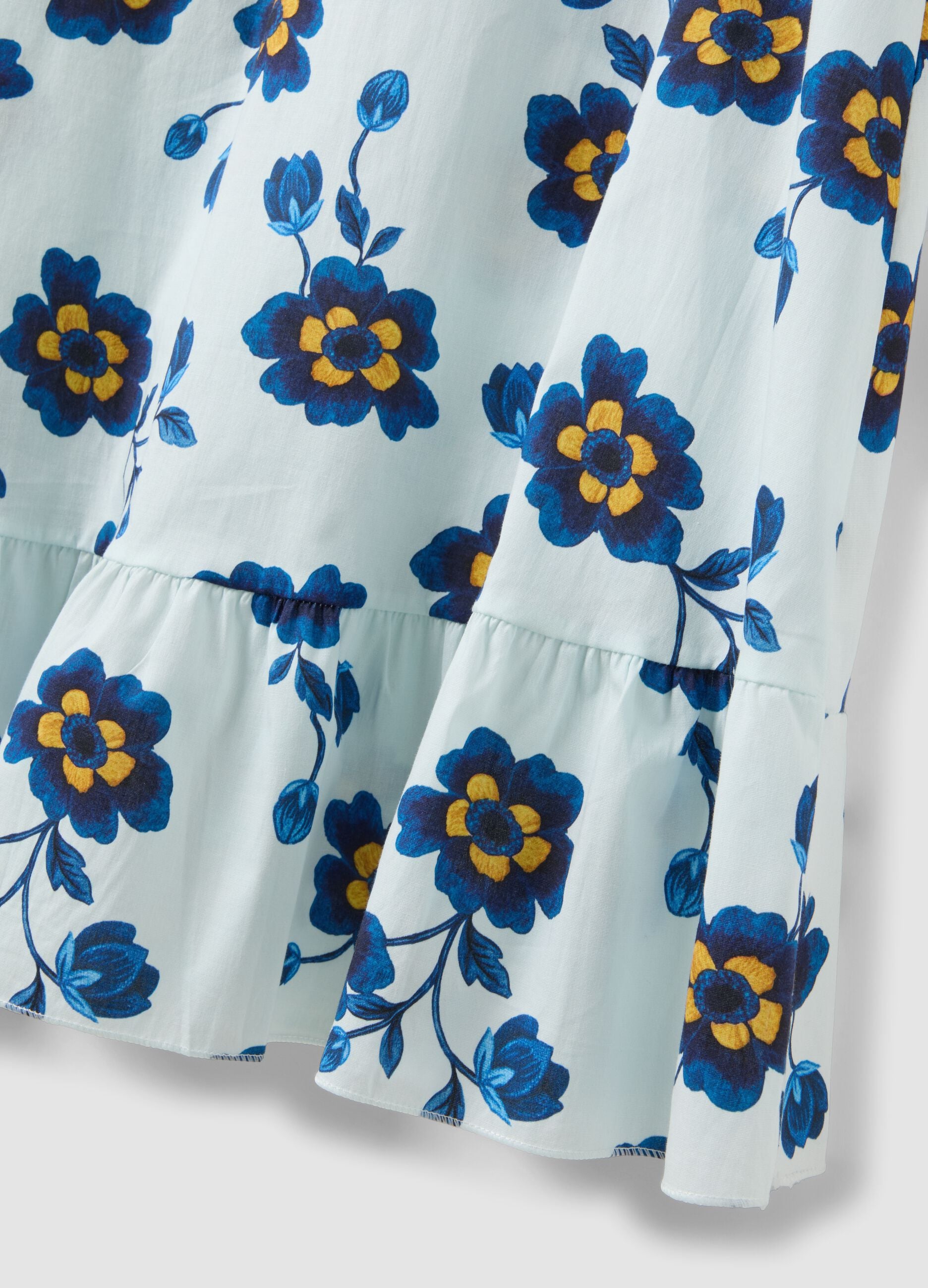 White stretch cotton dress with floral print, regular fit