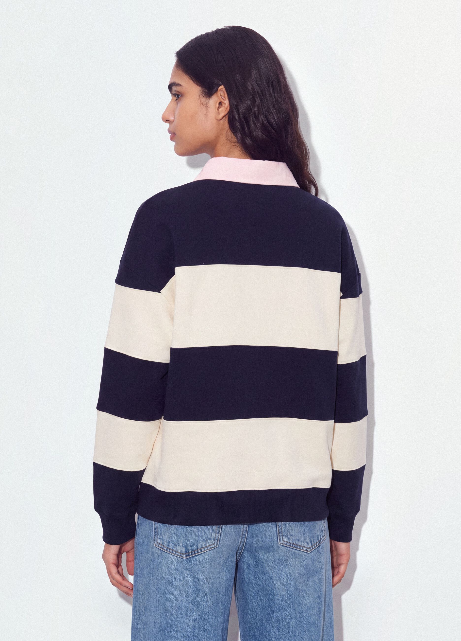 Blue striped cotton-blend sweatshirt with collar, relaxed fit