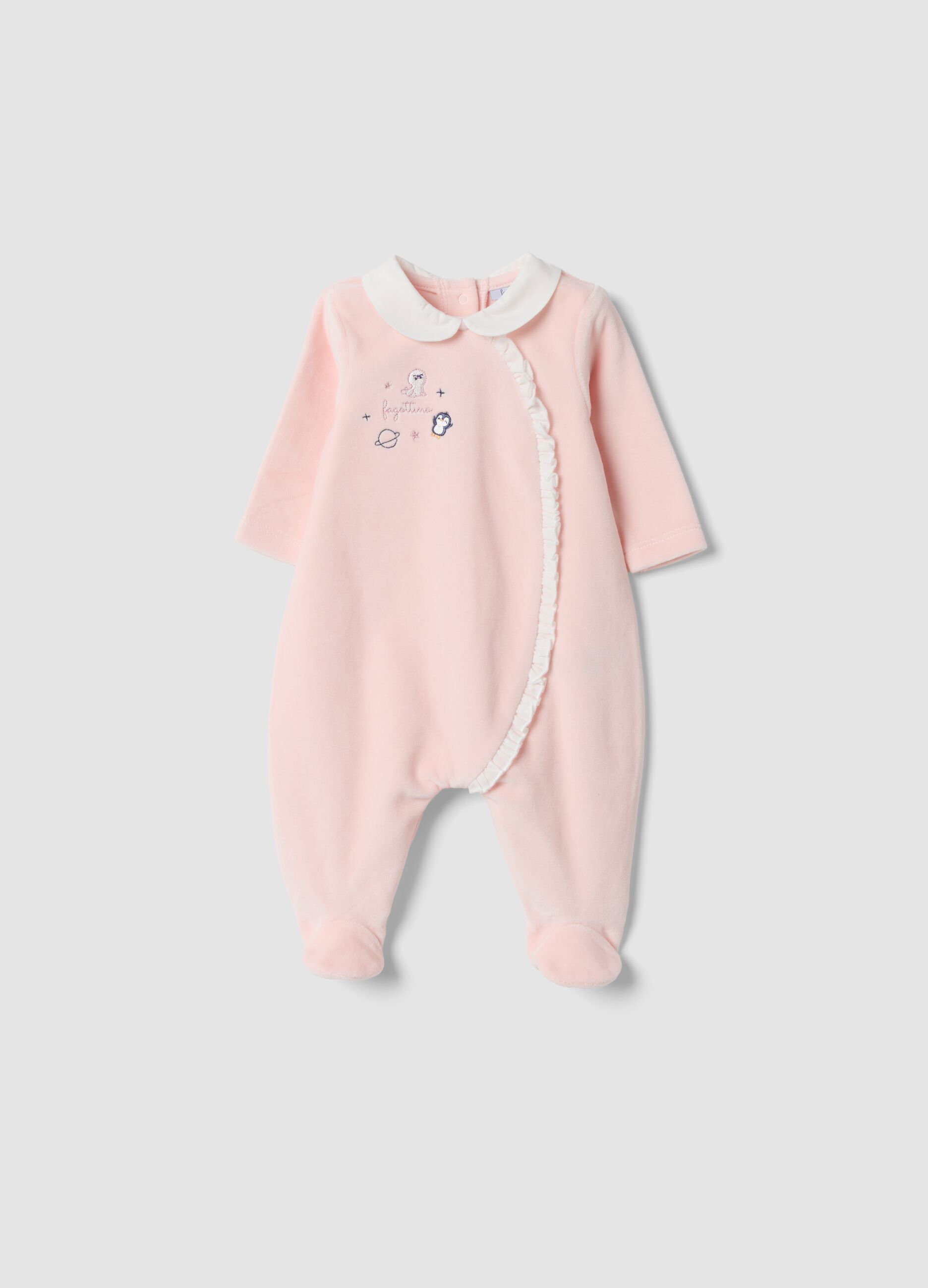 Pink organic cotton-blend baby sleepsuit with white collar