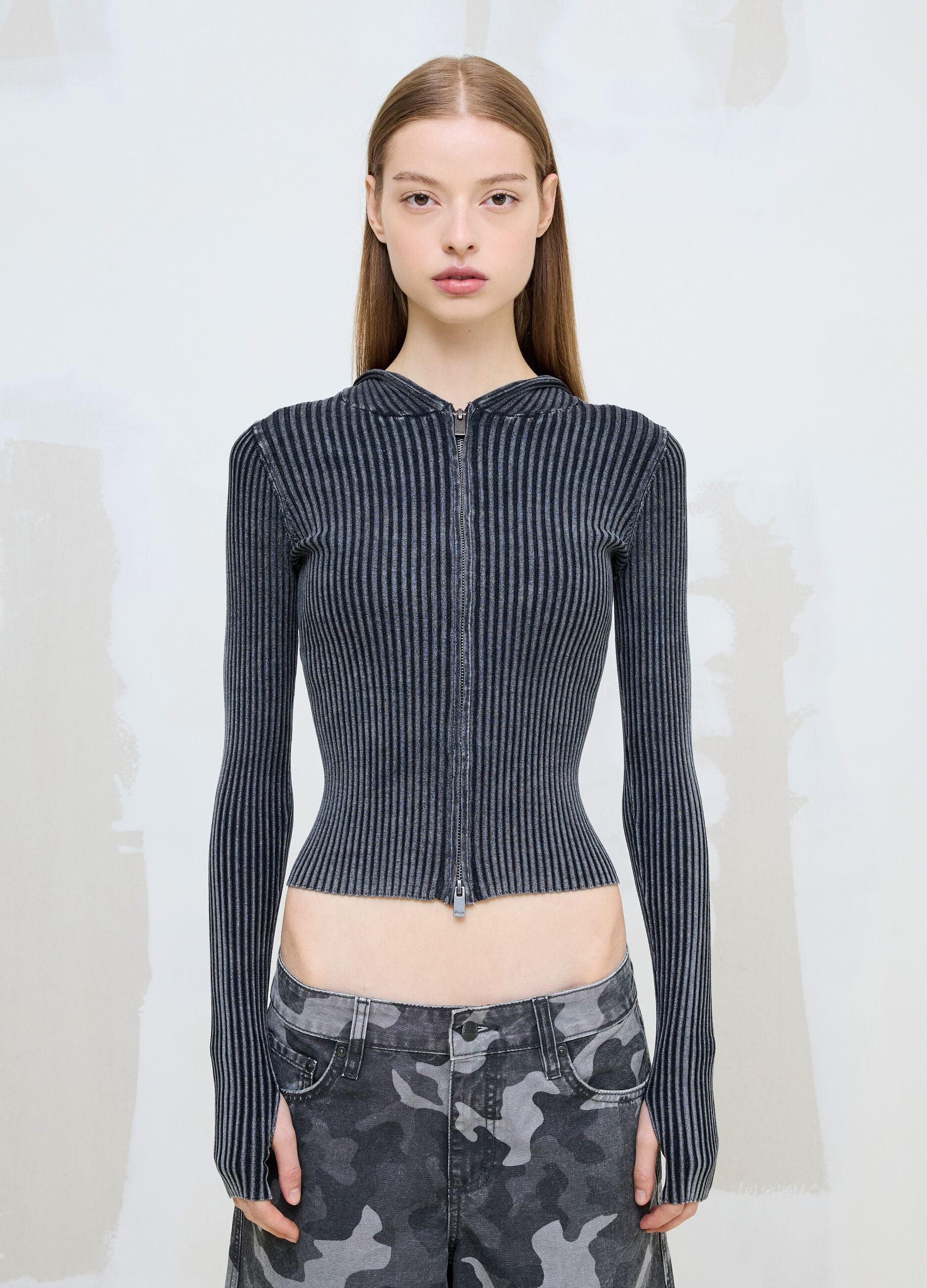 Ribbed Knit Hoodie in Vintage Grey