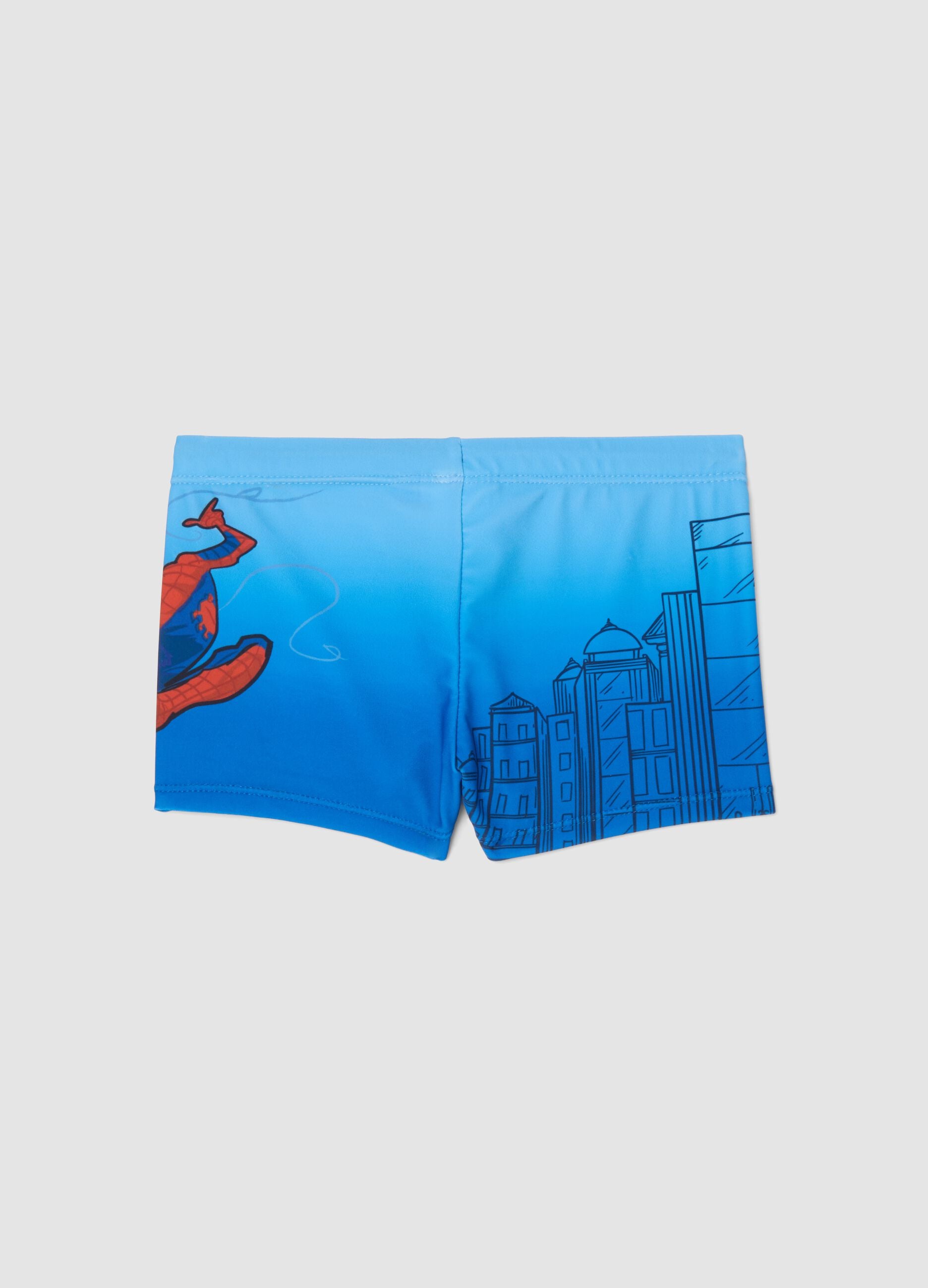 Blue stretch fabric boxer swim shorts