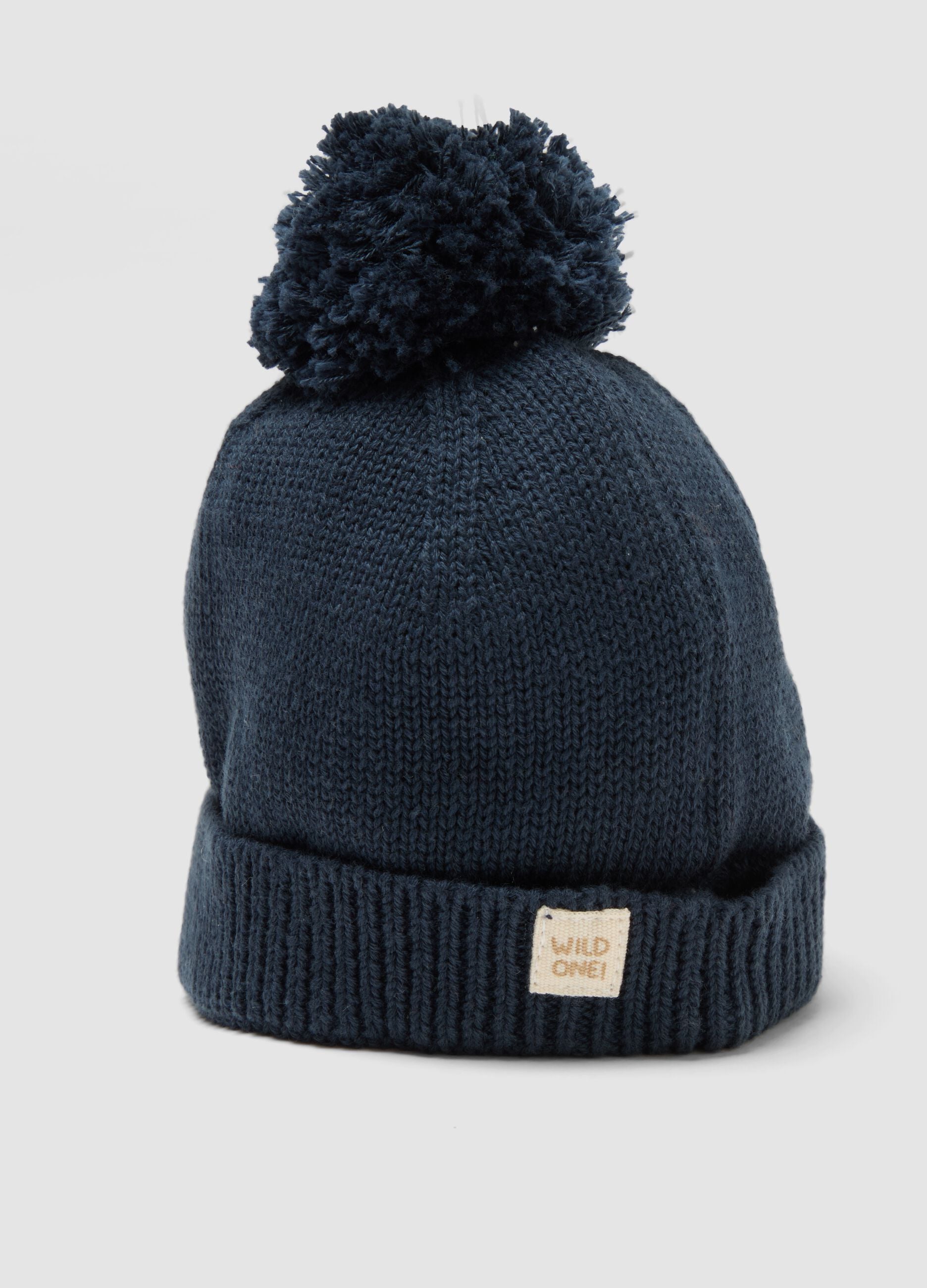 Blue pure cotton knitted hat with pom‑pom