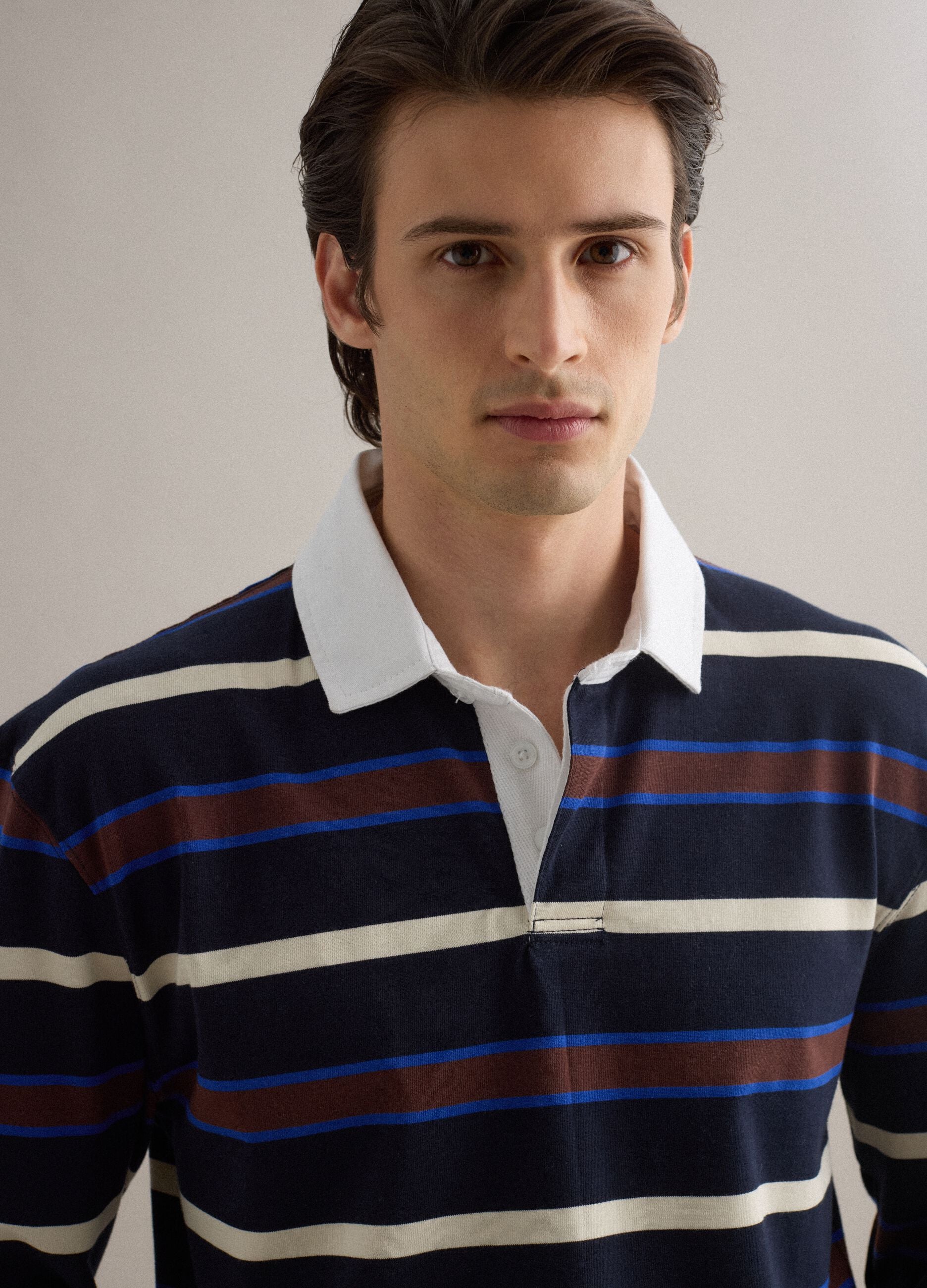 Long sleeve pure cotton polo with multicolour stripes, regular fit