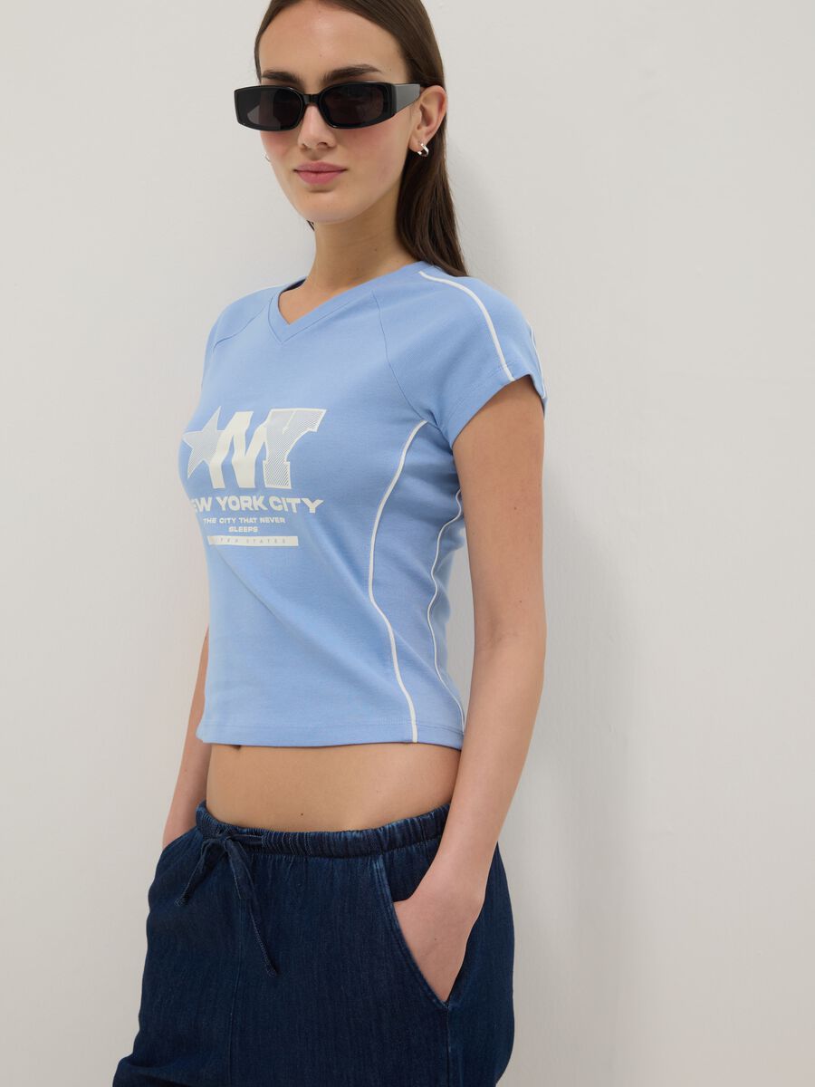 Blue pure cotton slim fit V-neck T-shirt with print_0