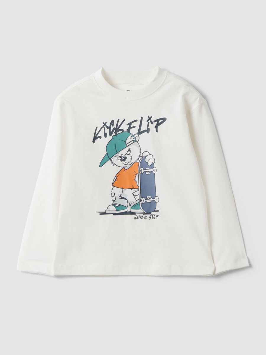 White pure cotton oversized fit T-shirt with skate print for boys_0