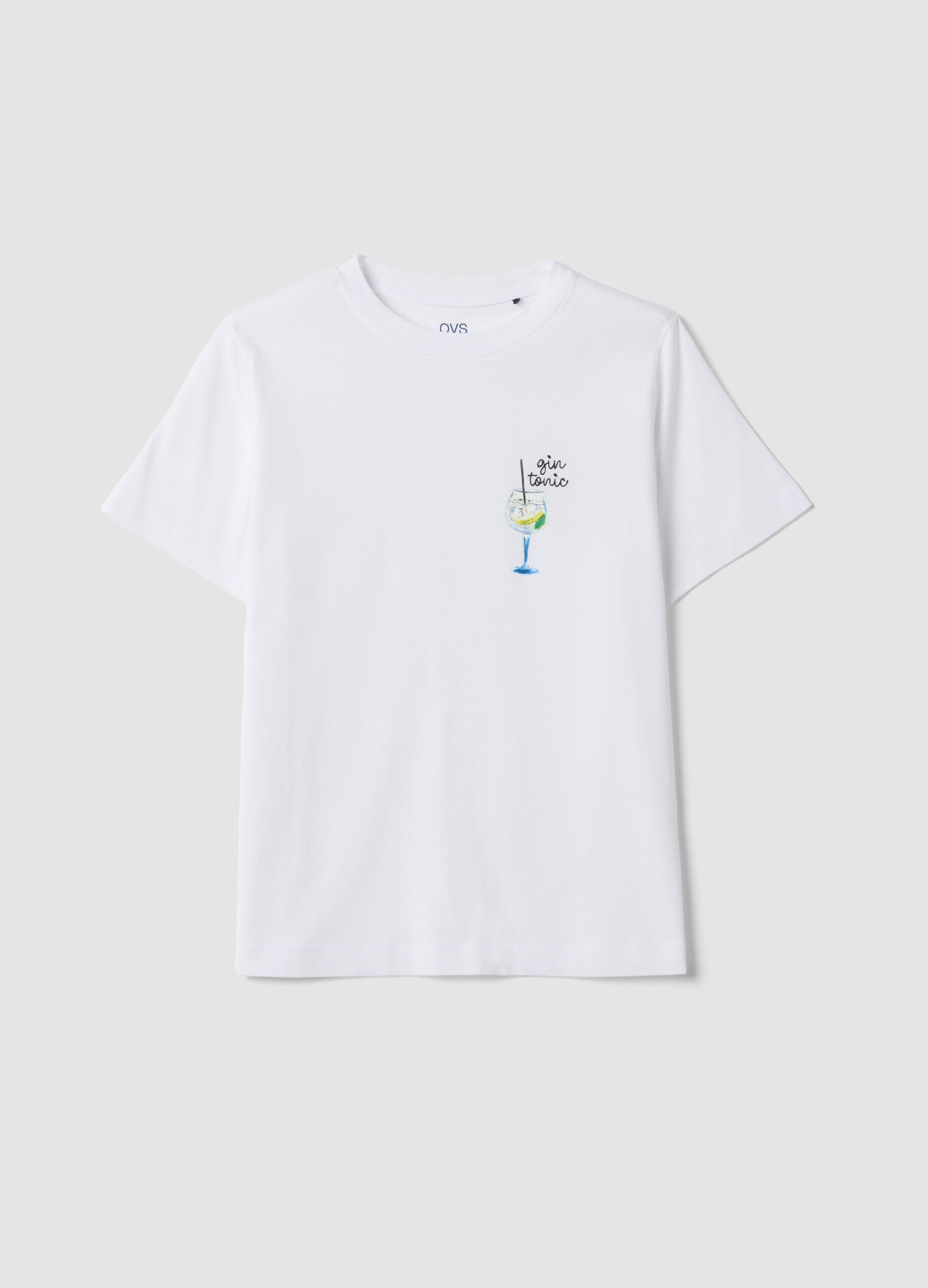White pure cotton T-shirt with print, regular fit