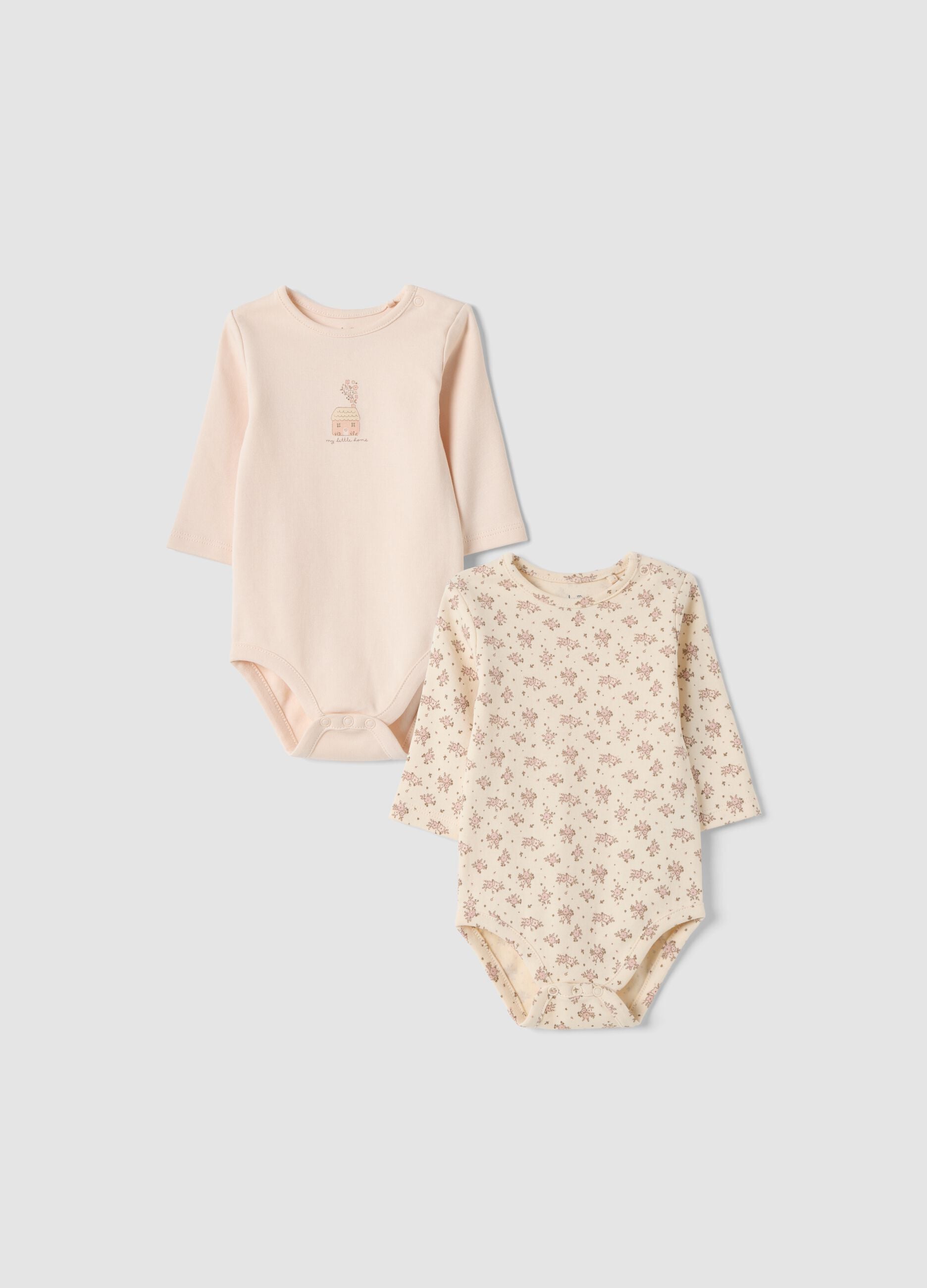 2-pack beige organic cotton bodysuits with print