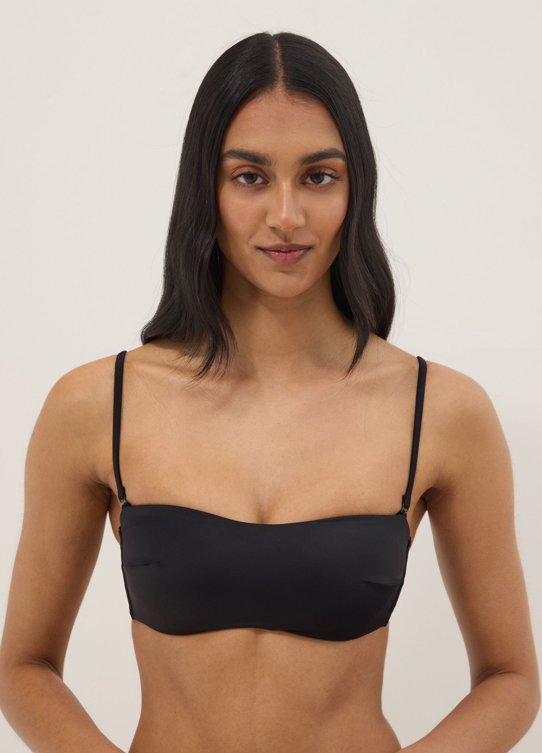 Black bandeau bikini top in stretch fabric with padding