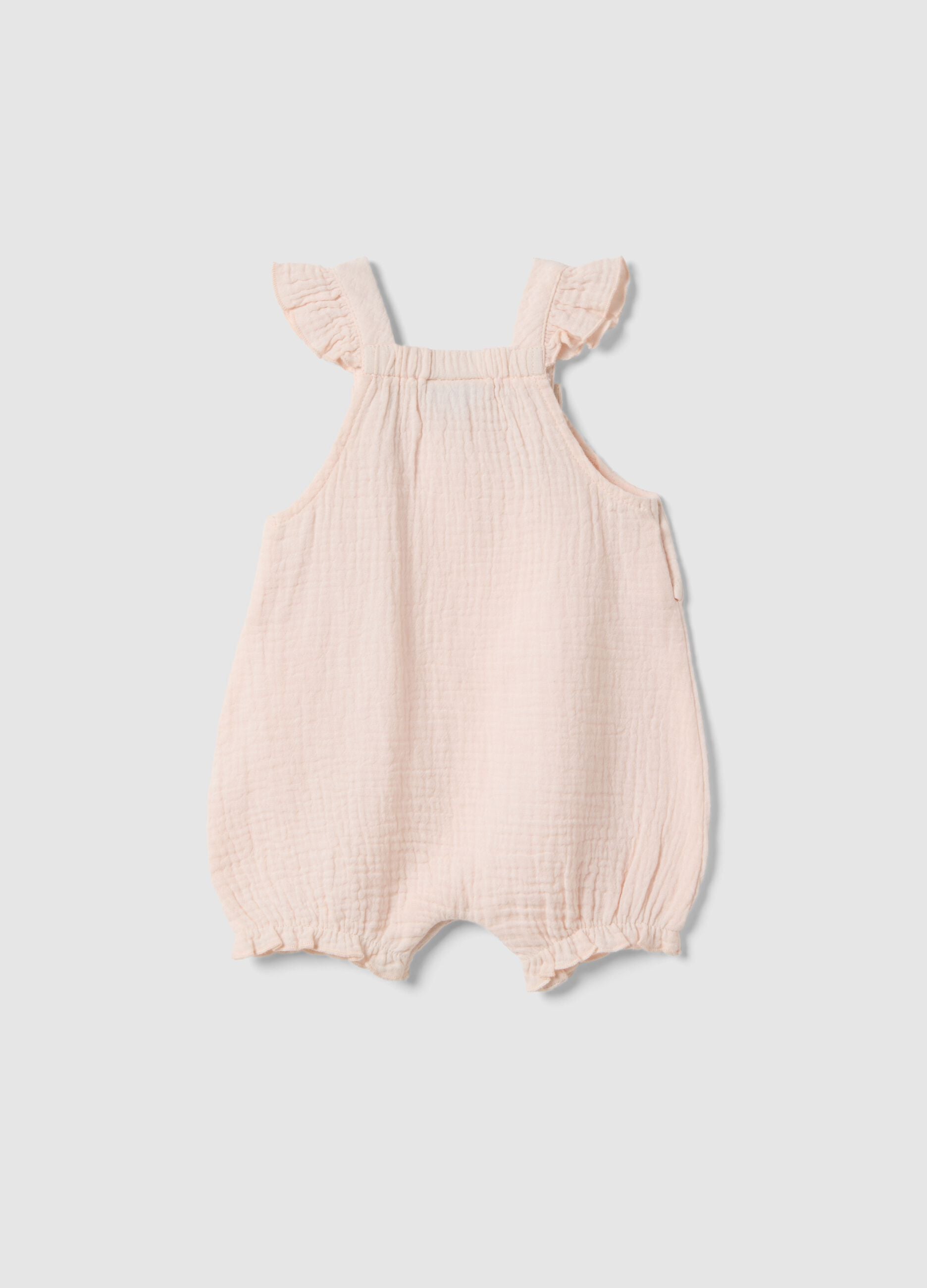Pink pure cotton baby dungarees, relaxed fit with ruffles