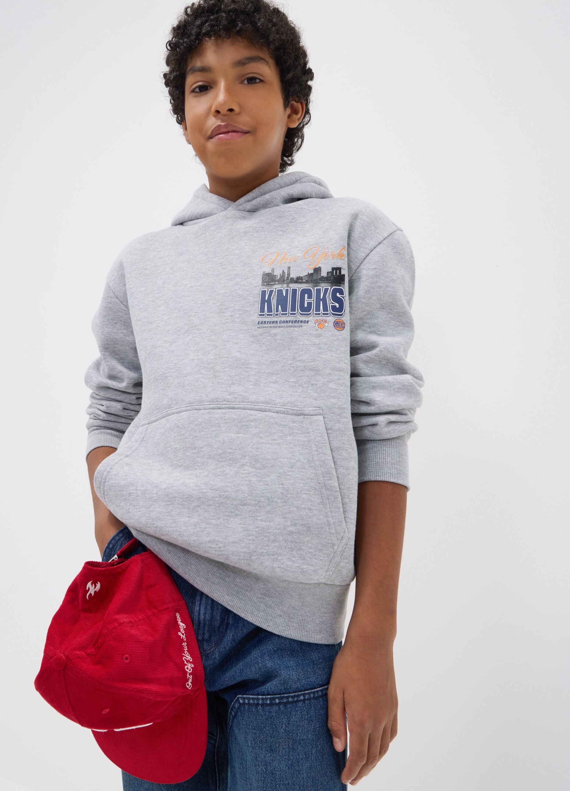 Grey cotton-blend hoodie with New York Knicks print