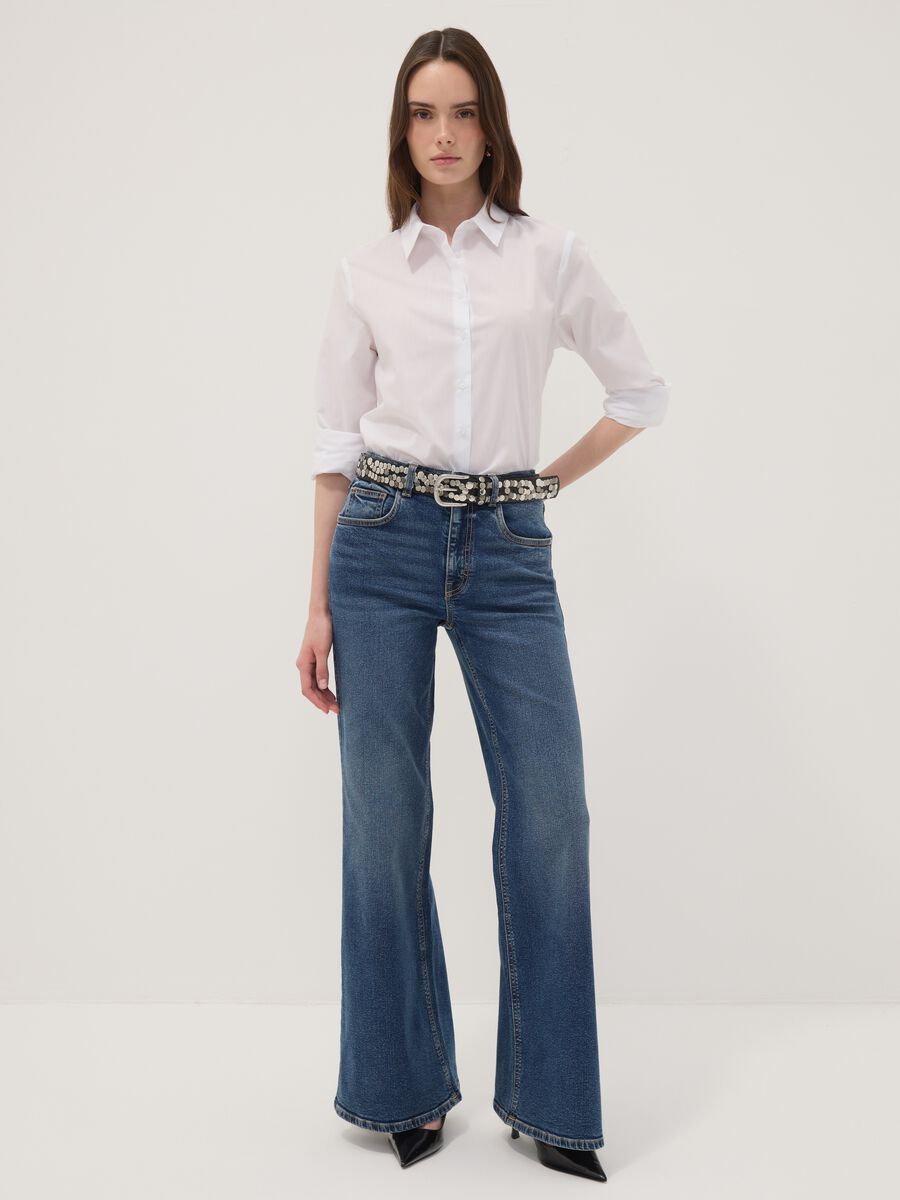Blue high-waisted wide-leg stretch cotton jeans_0