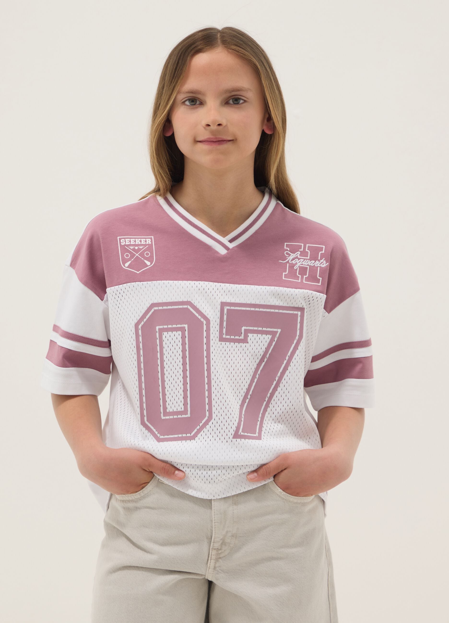 Pink and white pure cotton T-shirt with mesh texture