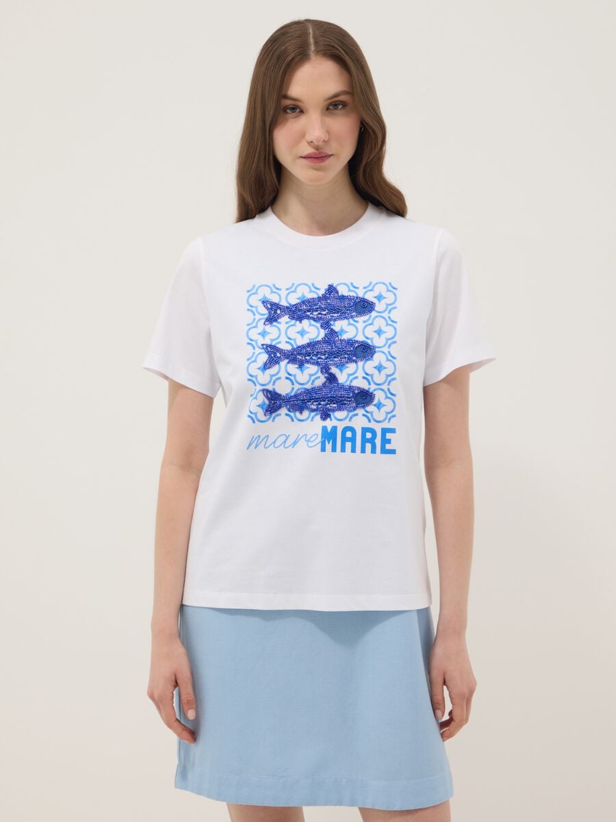 White 100% cotton T-shirt with front print_1