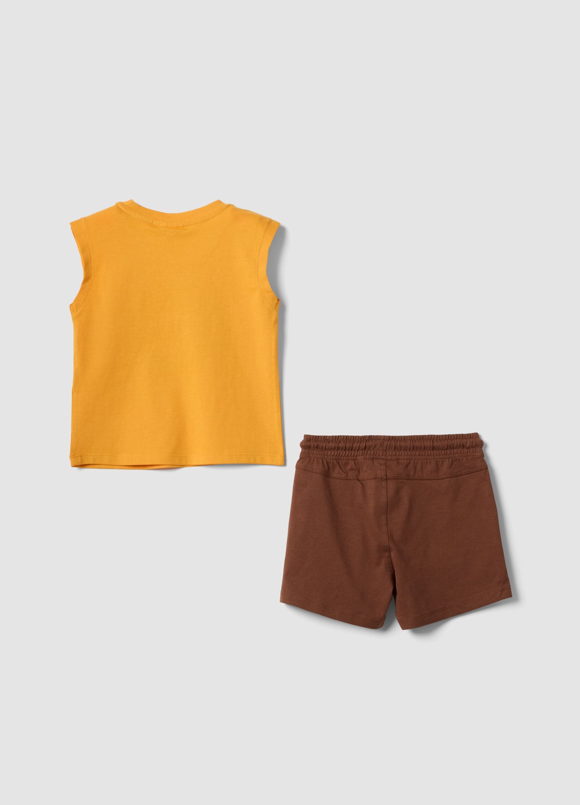 Yellow and brown pure cotton top and shorts set for baby boy, regular fit