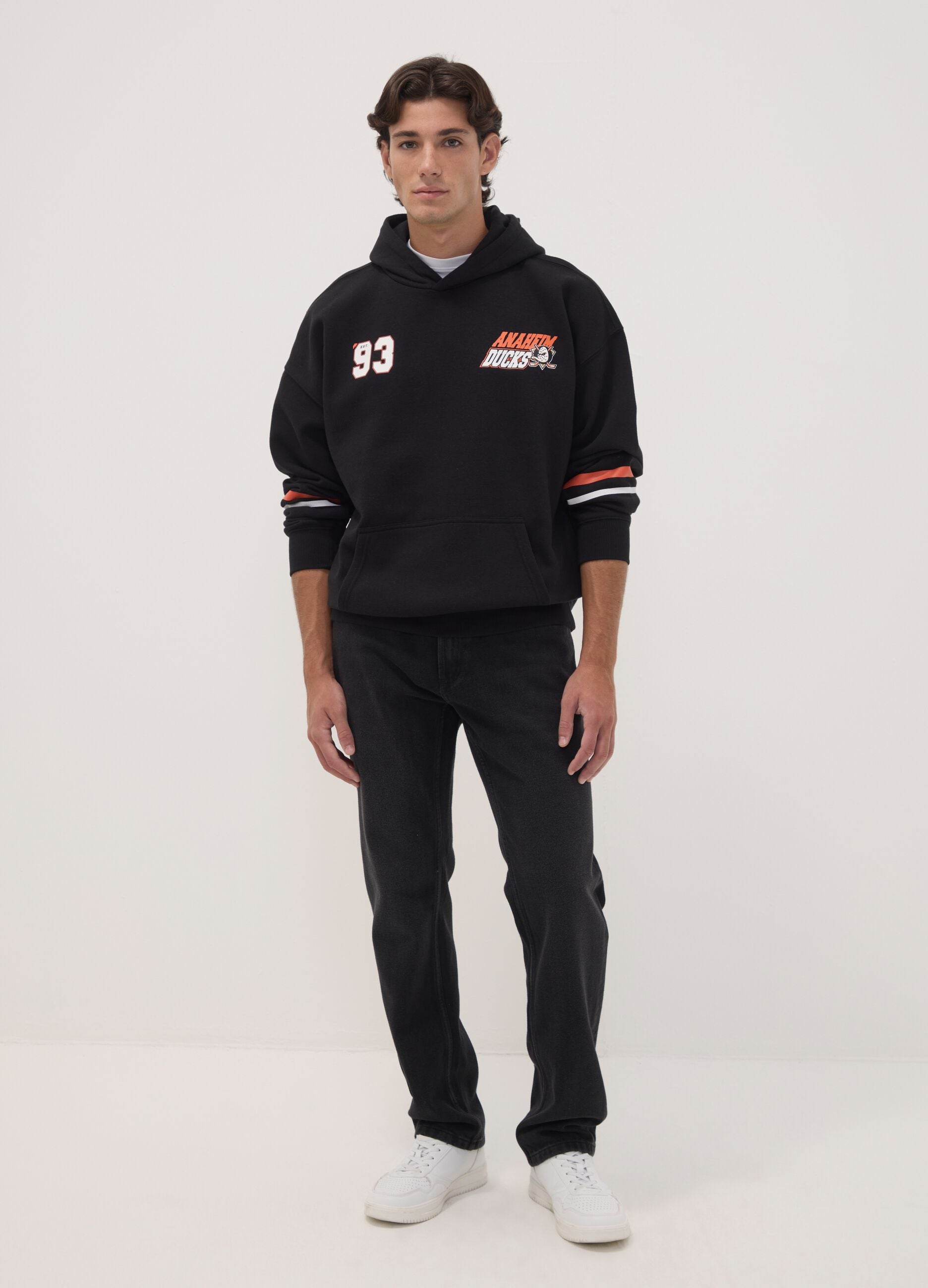 Black cotton-blend hoodie with Anaheim Ducks print