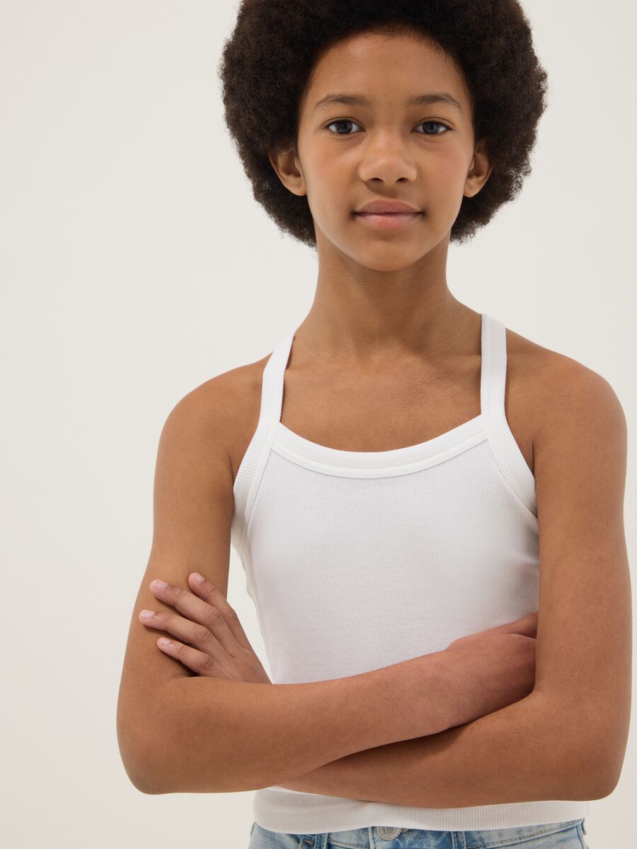 Tank top fitted bianco in cotone elasticizzato a coste da ragazza_2