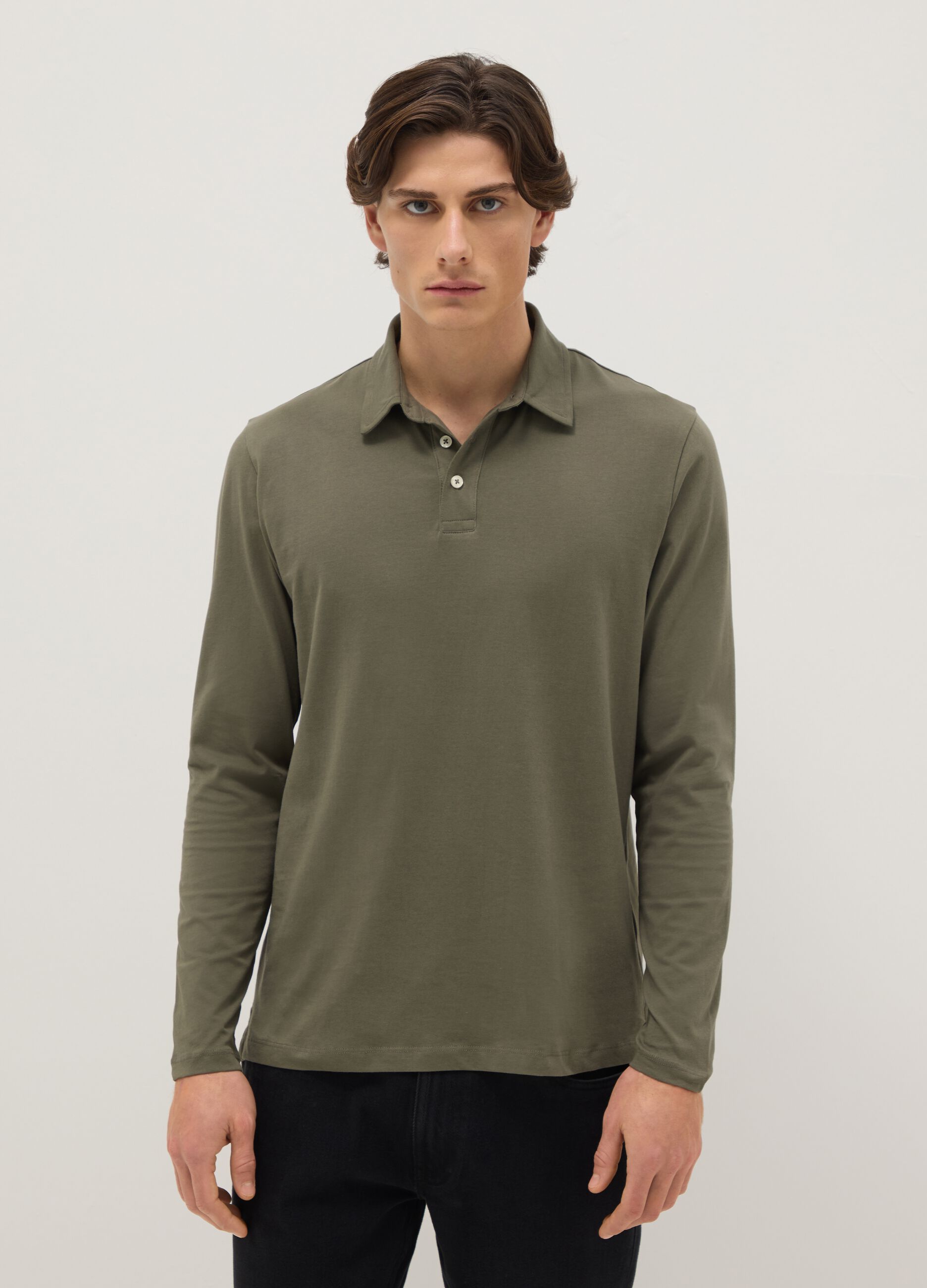 Long-sleeve green cotton polo shirt regular fit