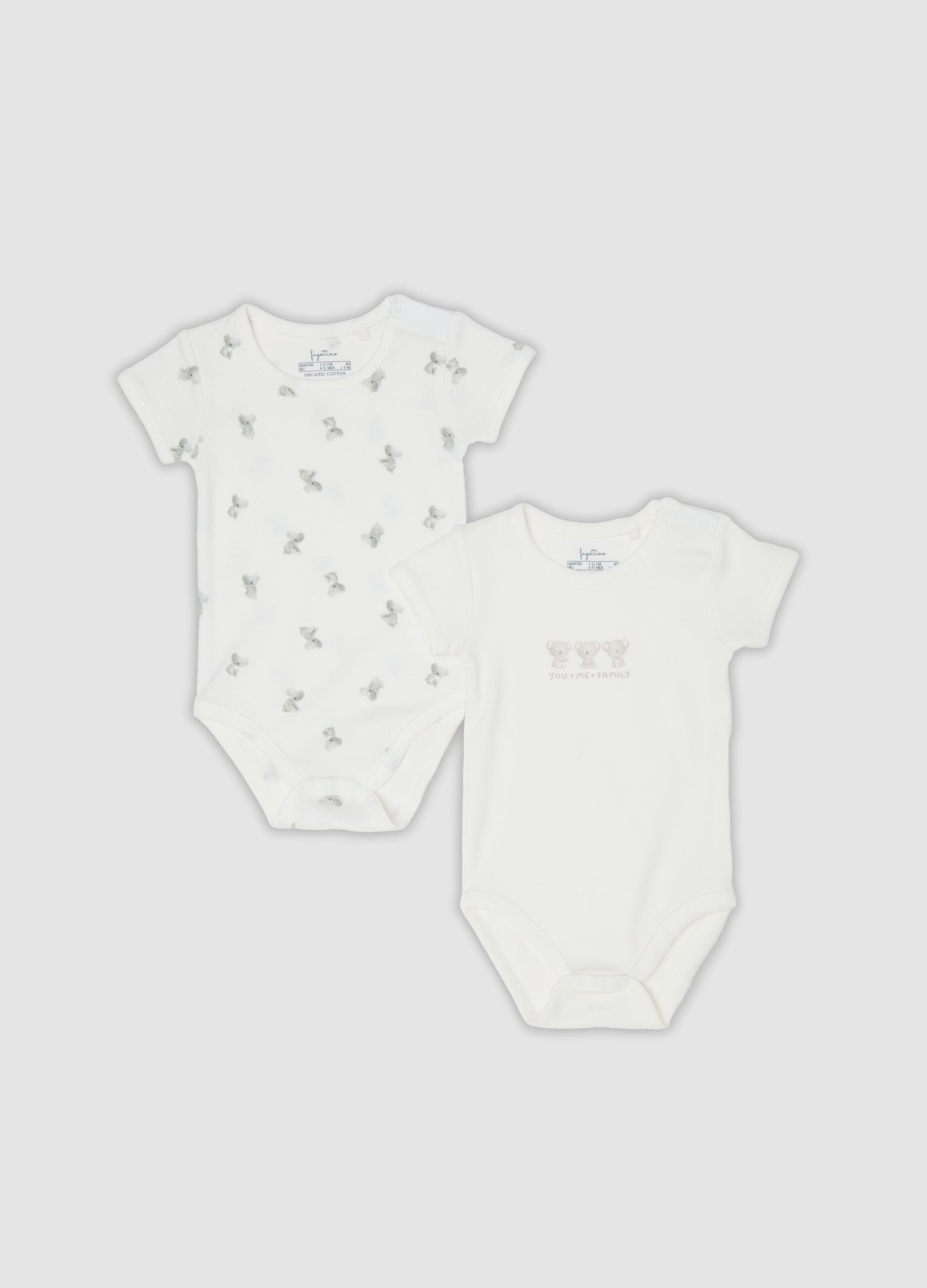 2-pack of white organic cotton bodysuits with koala print for baby and toddler