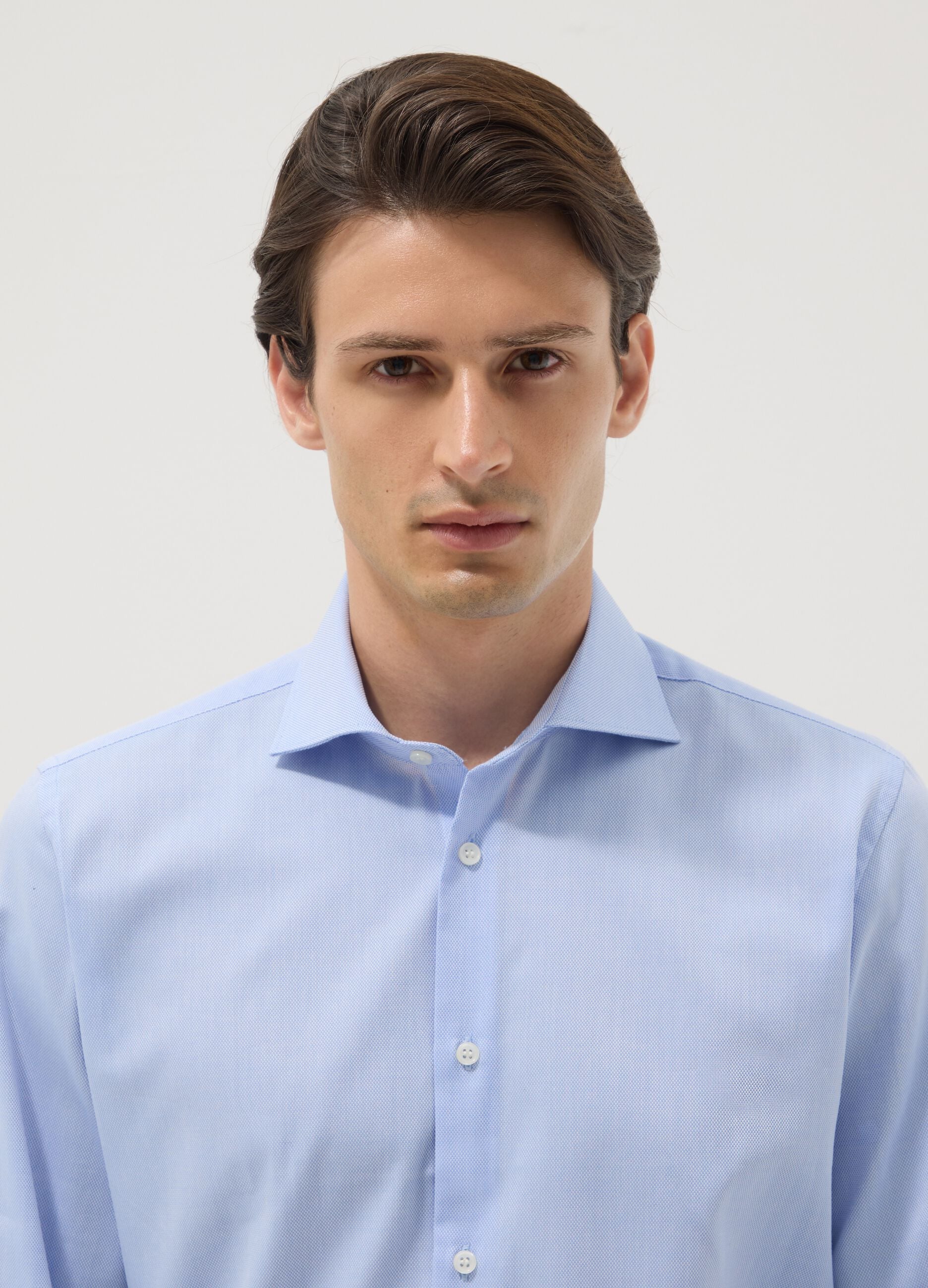 Light blue slim-fit cotton-blend shirt with French collar