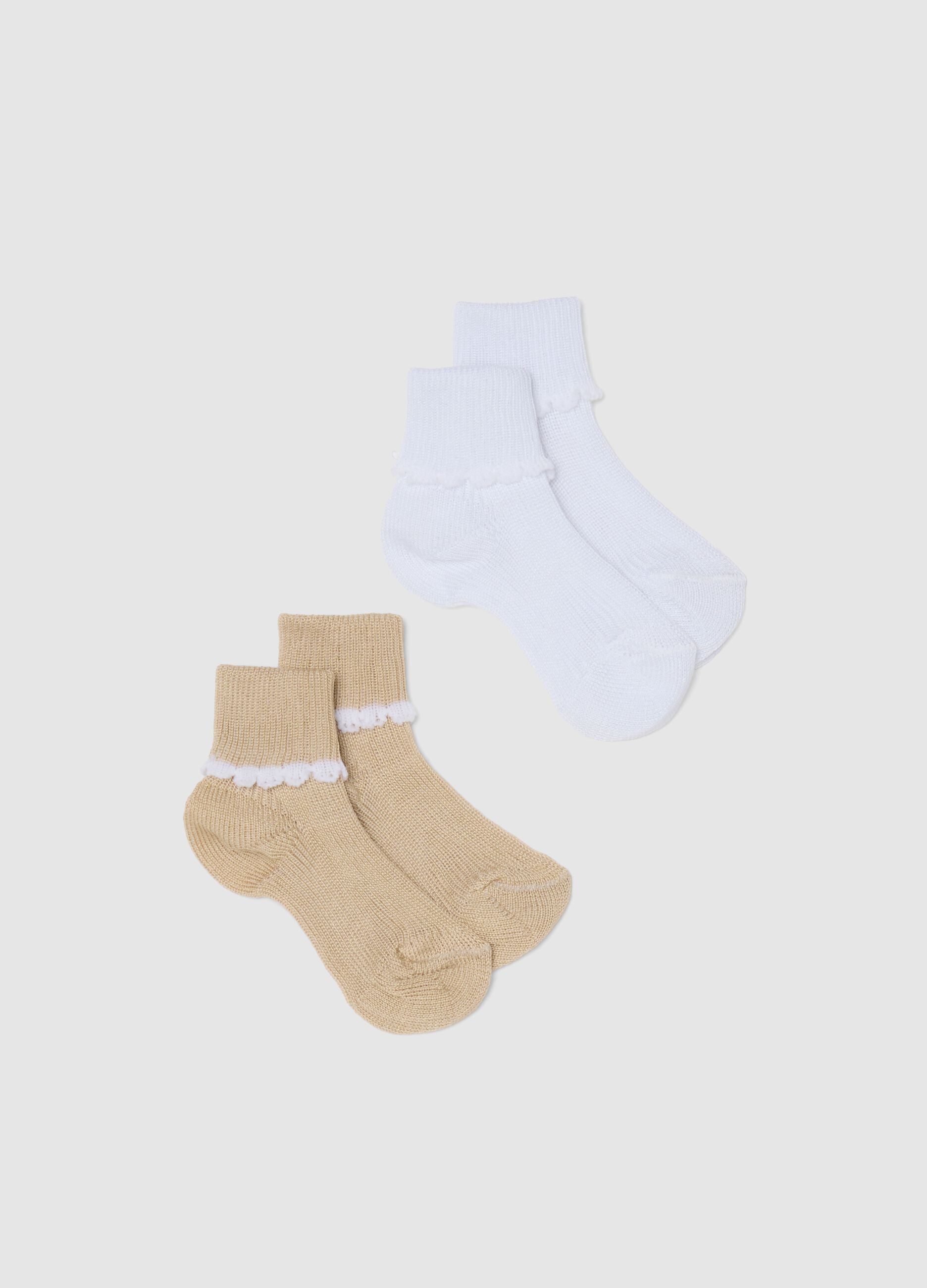 Twin-pack multicolour baby socks in cotton blend with embroidered trim