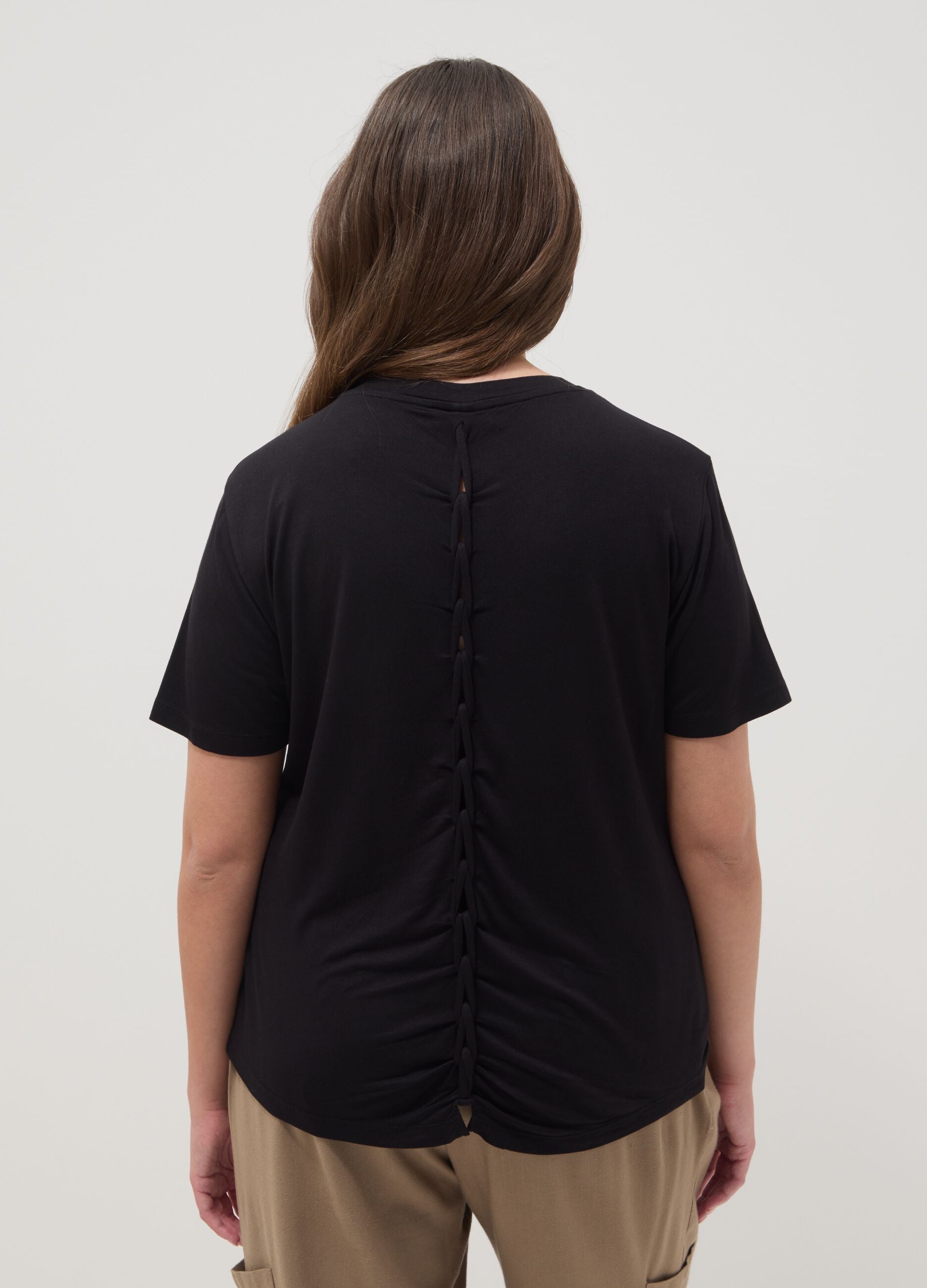 Black stretch viscose regular fit t-shirt with drawstring closure