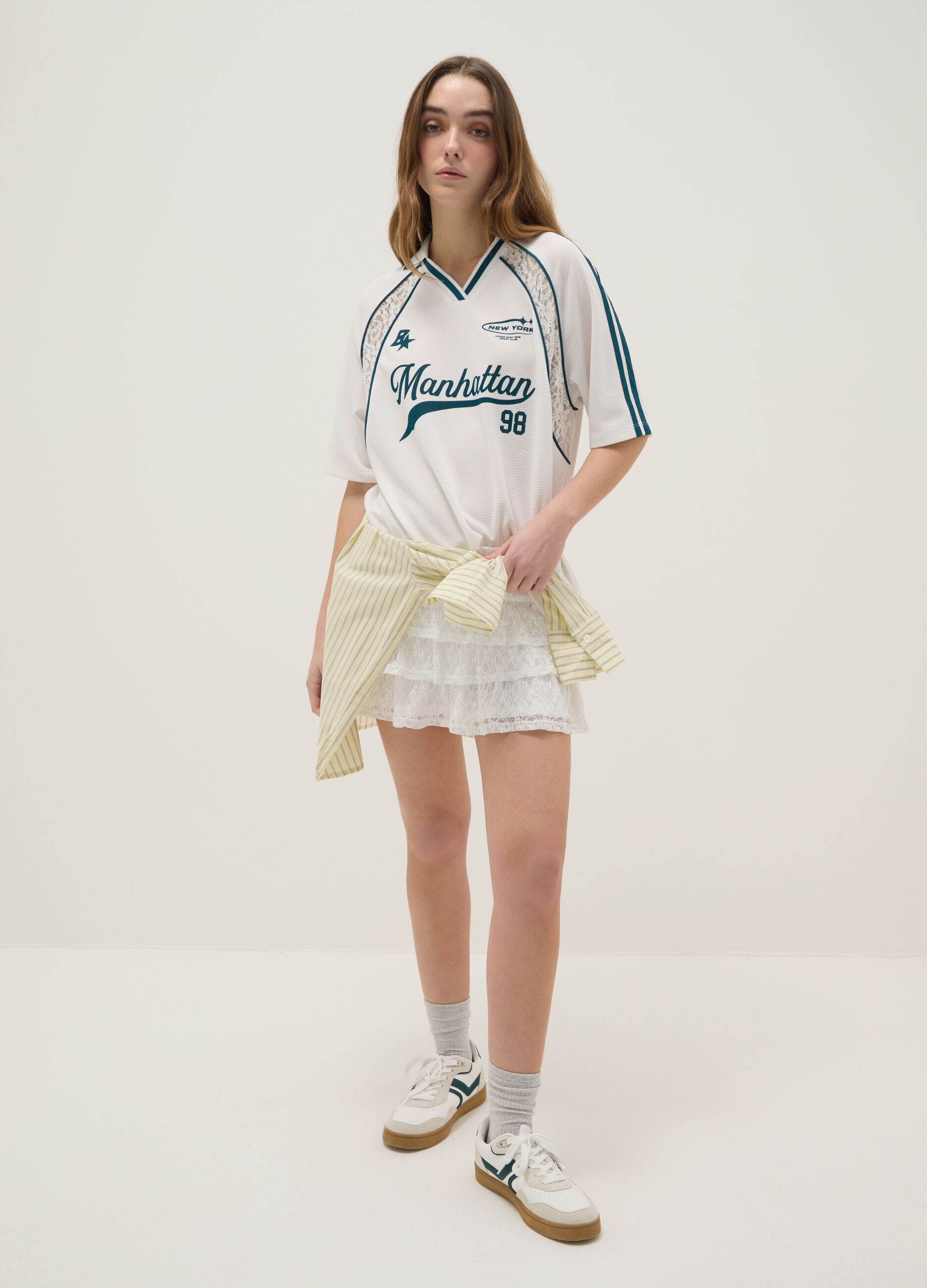 White relaxed fit V-neck t-shirt with sporty details