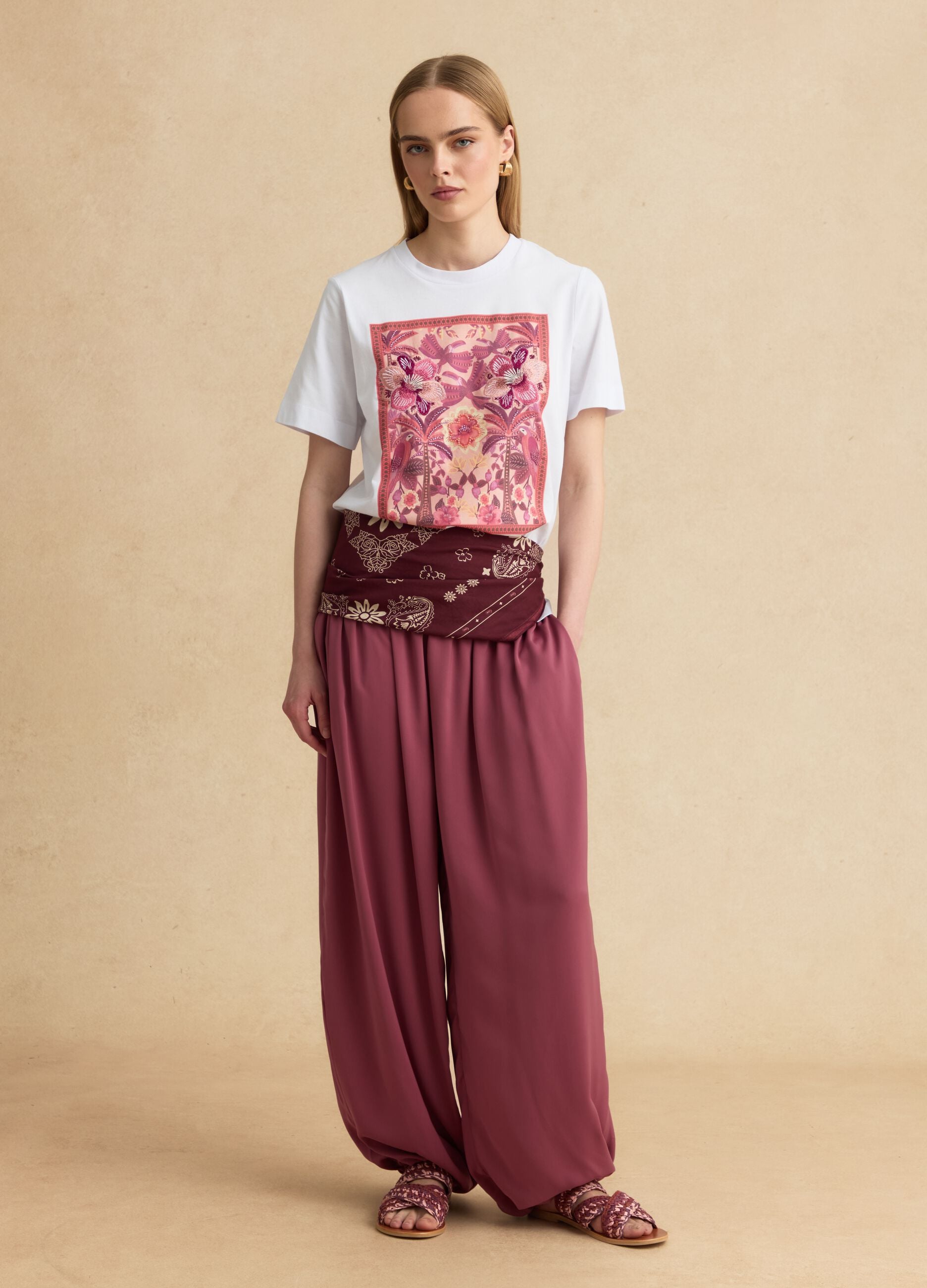 White pure cotton T-shirt with floral print