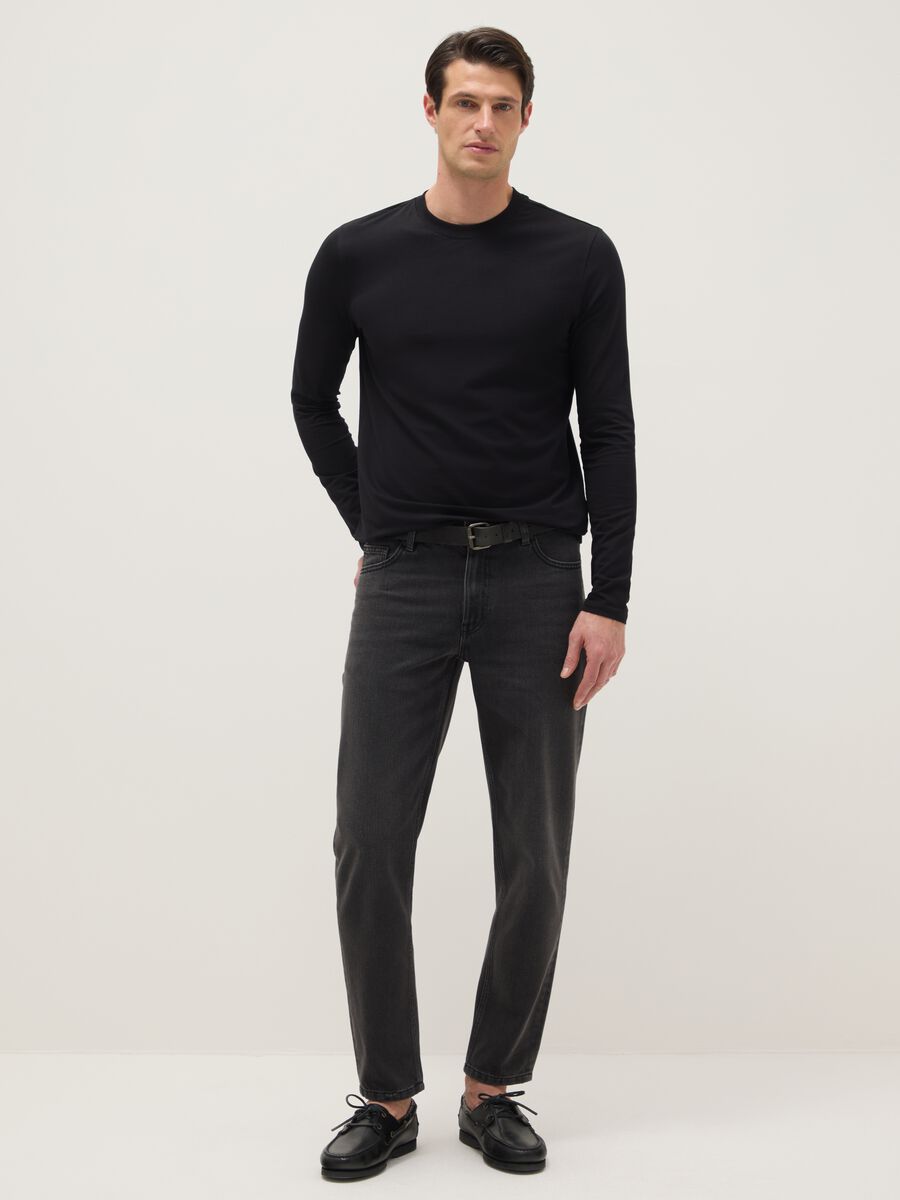 Black denim cotton blend regular fit stretch jeans_1