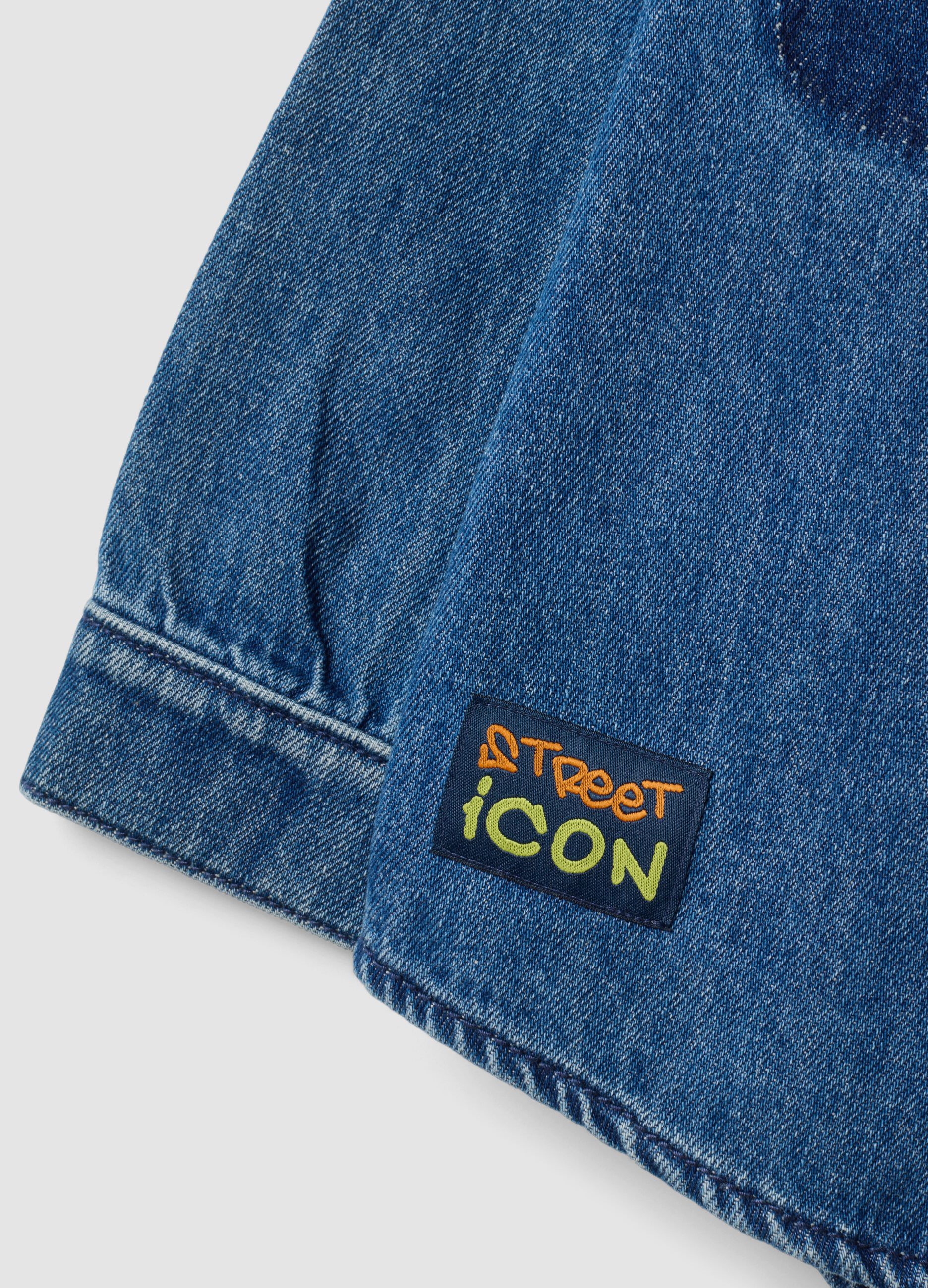 Blue denim shacket with hood in cotton and viscose blend for boys