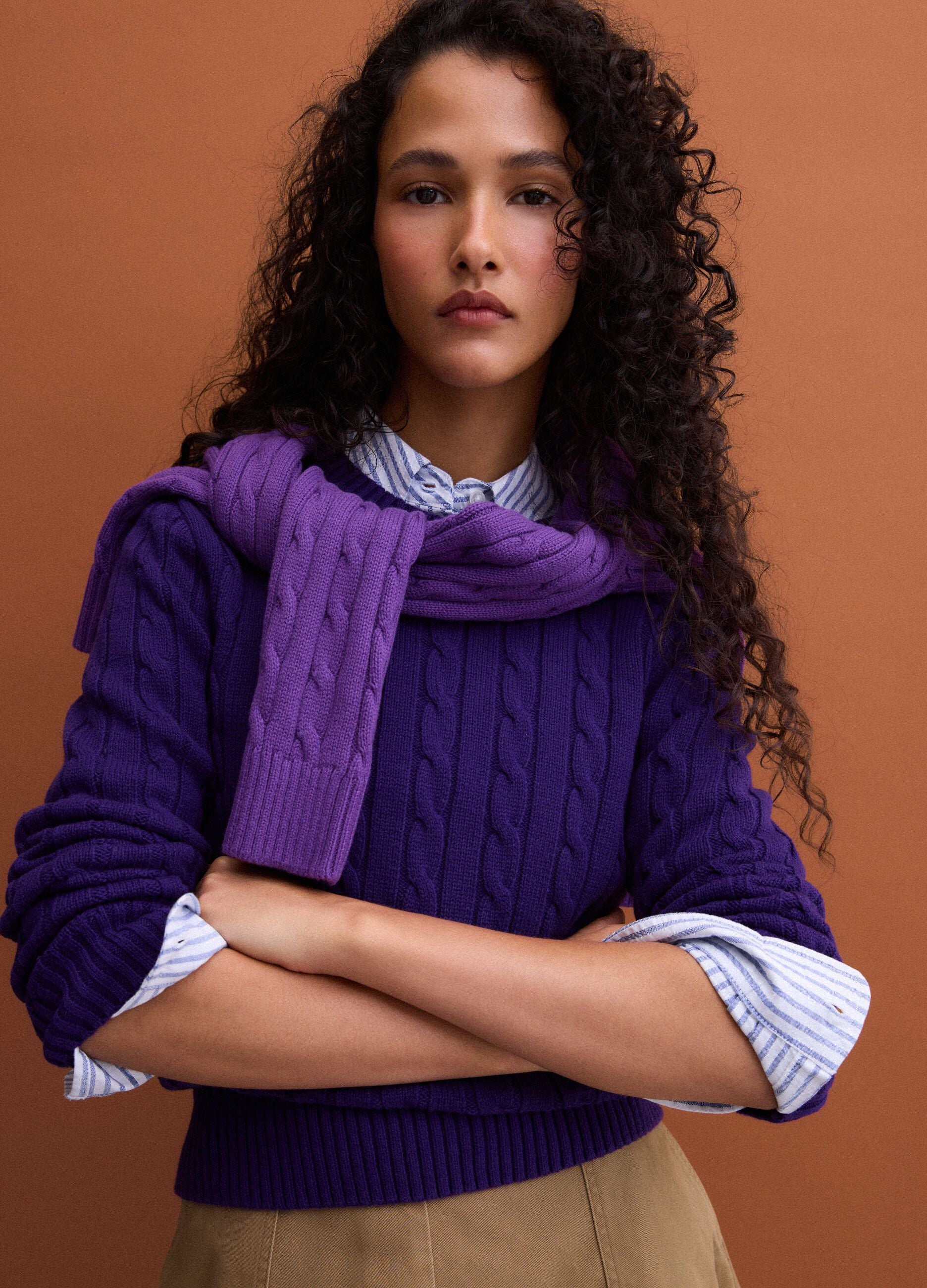 Purple pure cotton cable-knit crew-neck jumper