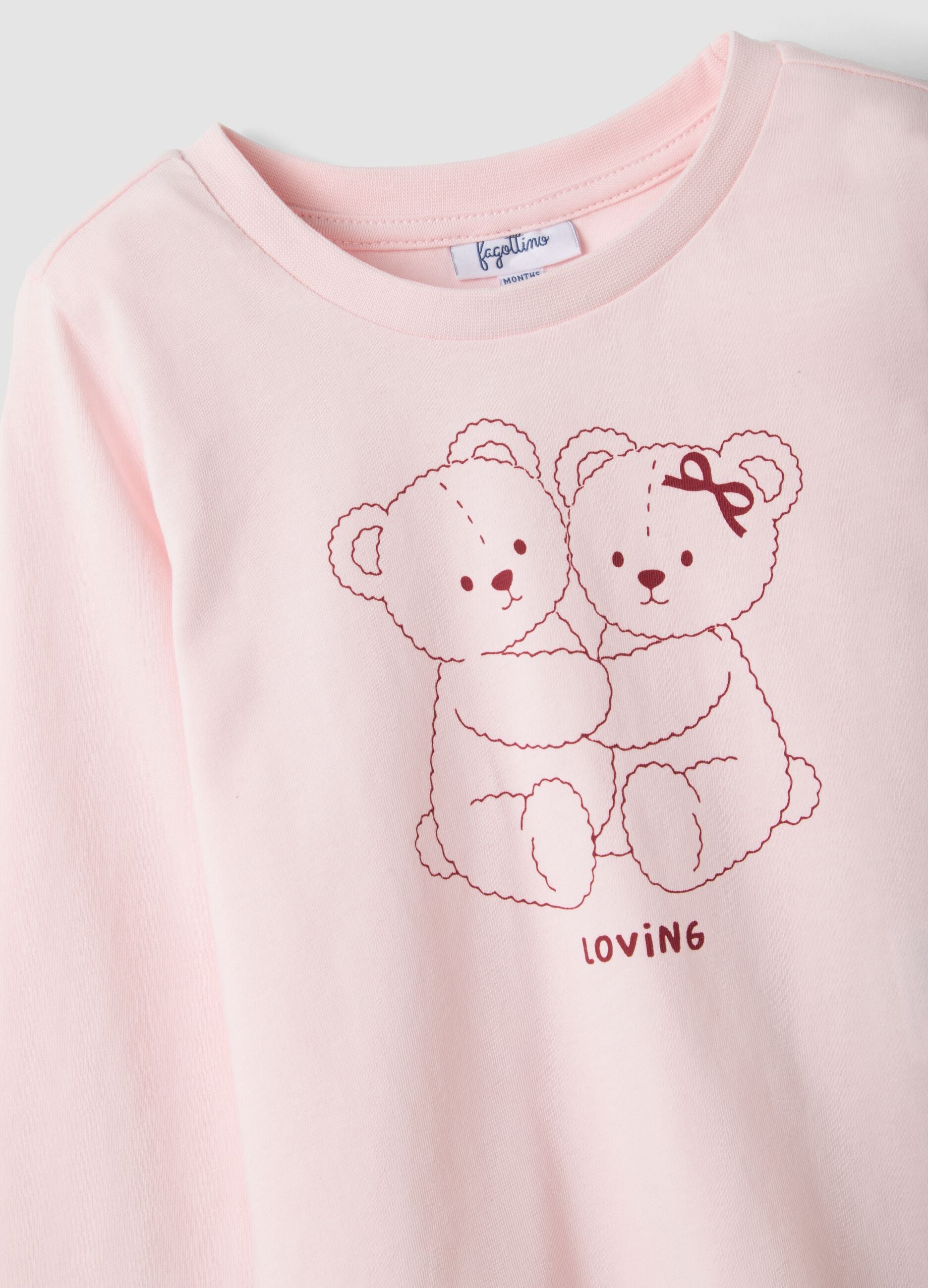 Pink organic cotton T-shirt with teddy bear print for baby girl