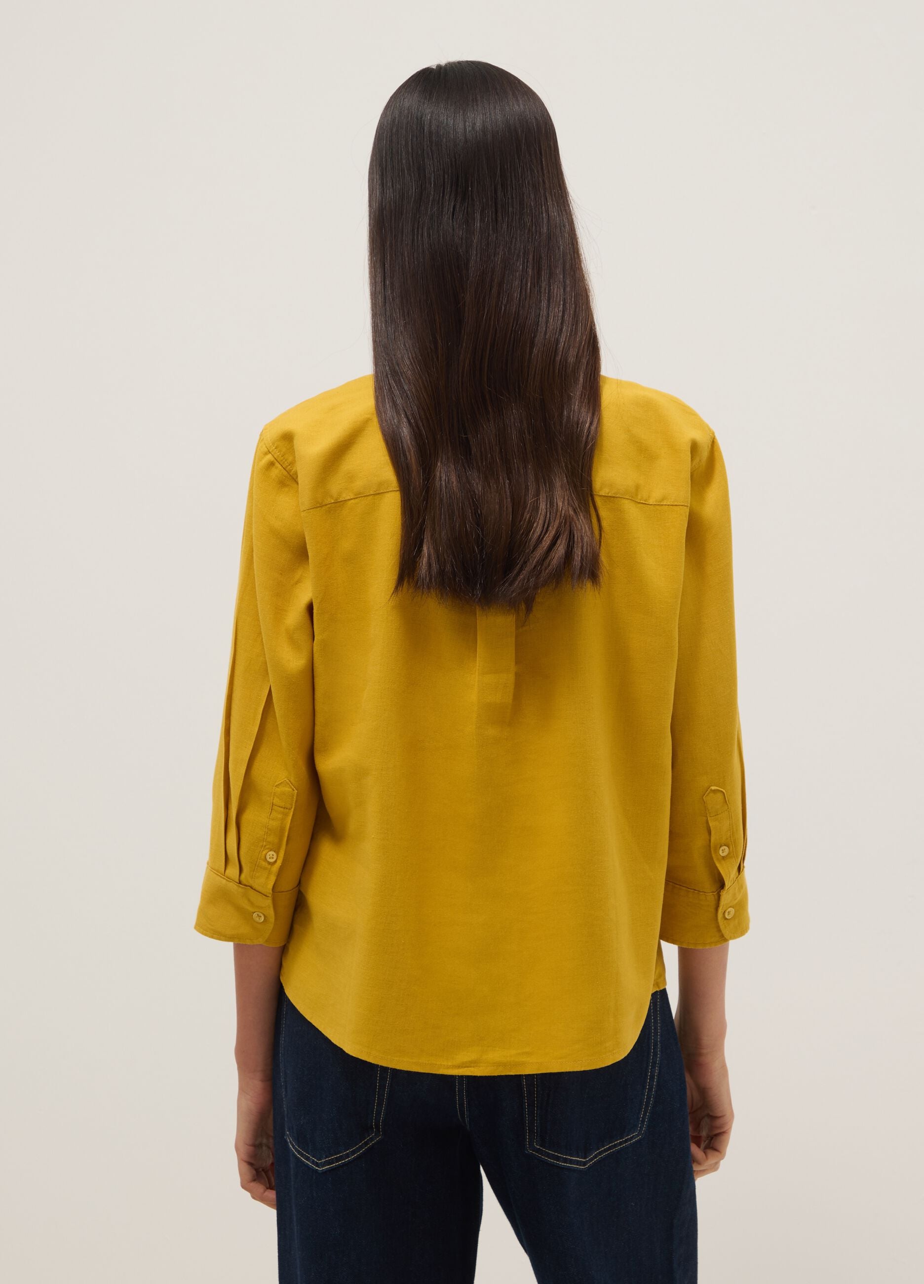 Yellow linen and viscose blend regular-fit shirt with V-neck