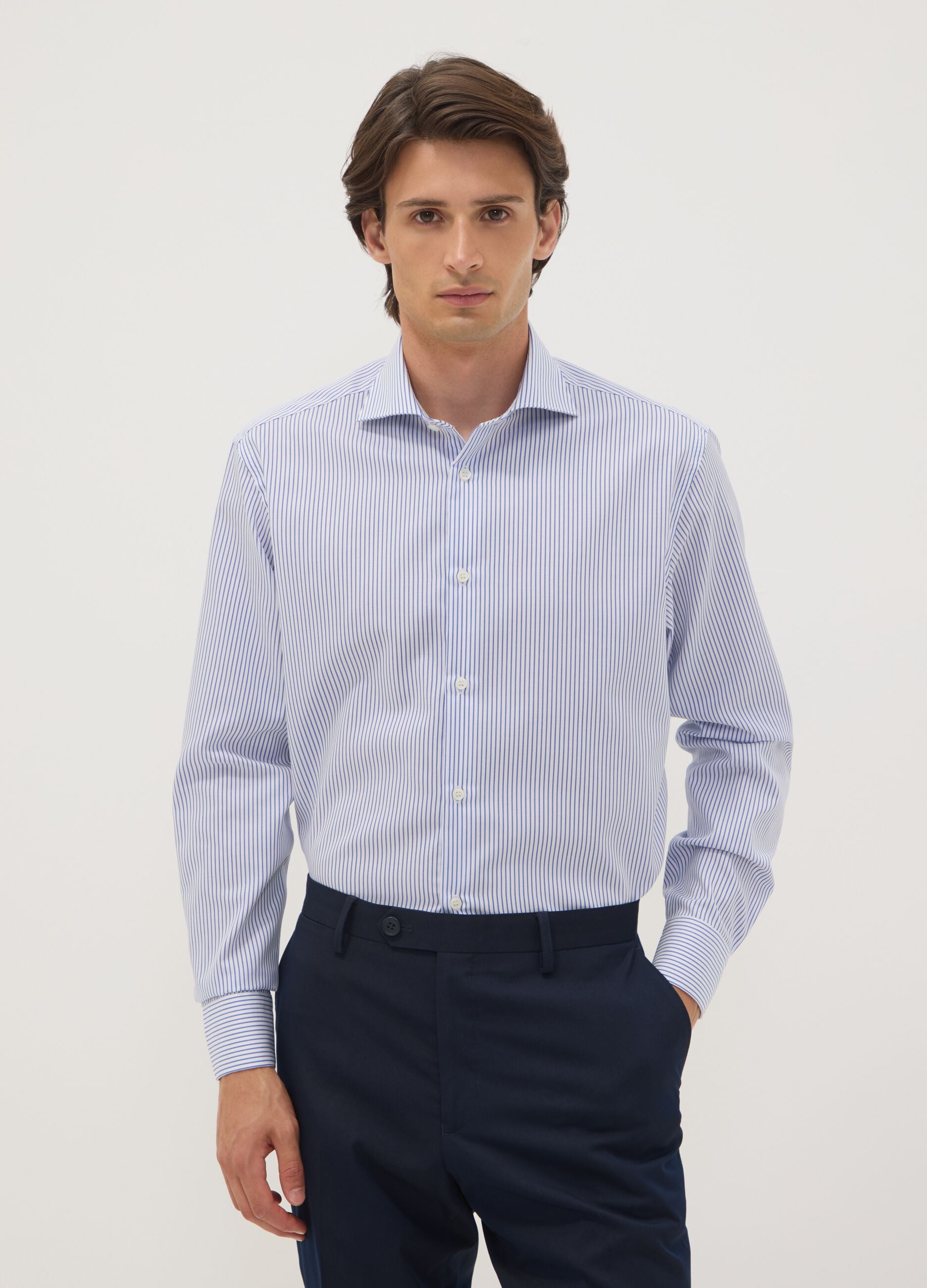 Light blue striped pure cotton dobby shirt with French collar, non-iron