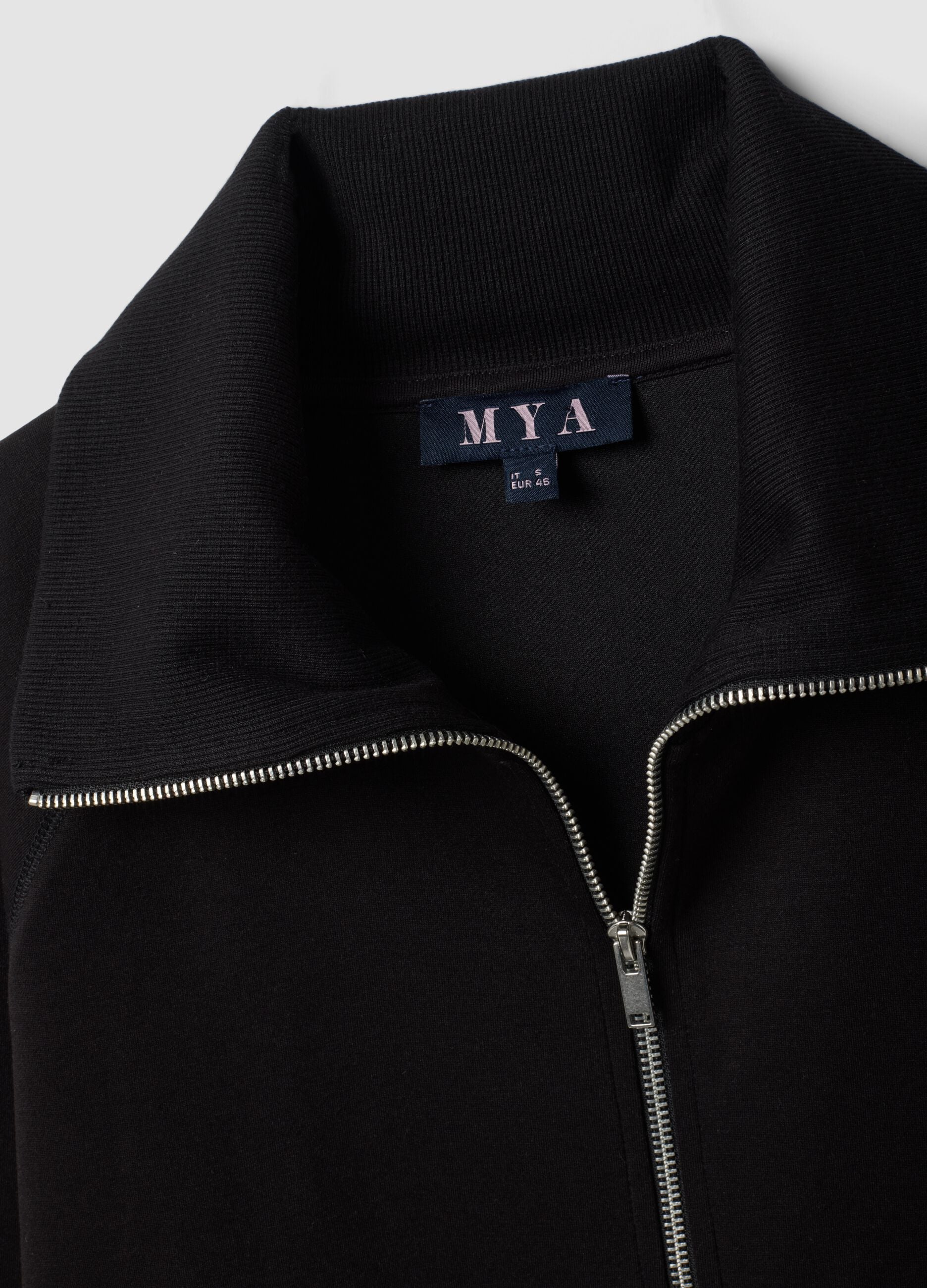 Black stretch viscose hoodie with turtleneck collar, regular fit