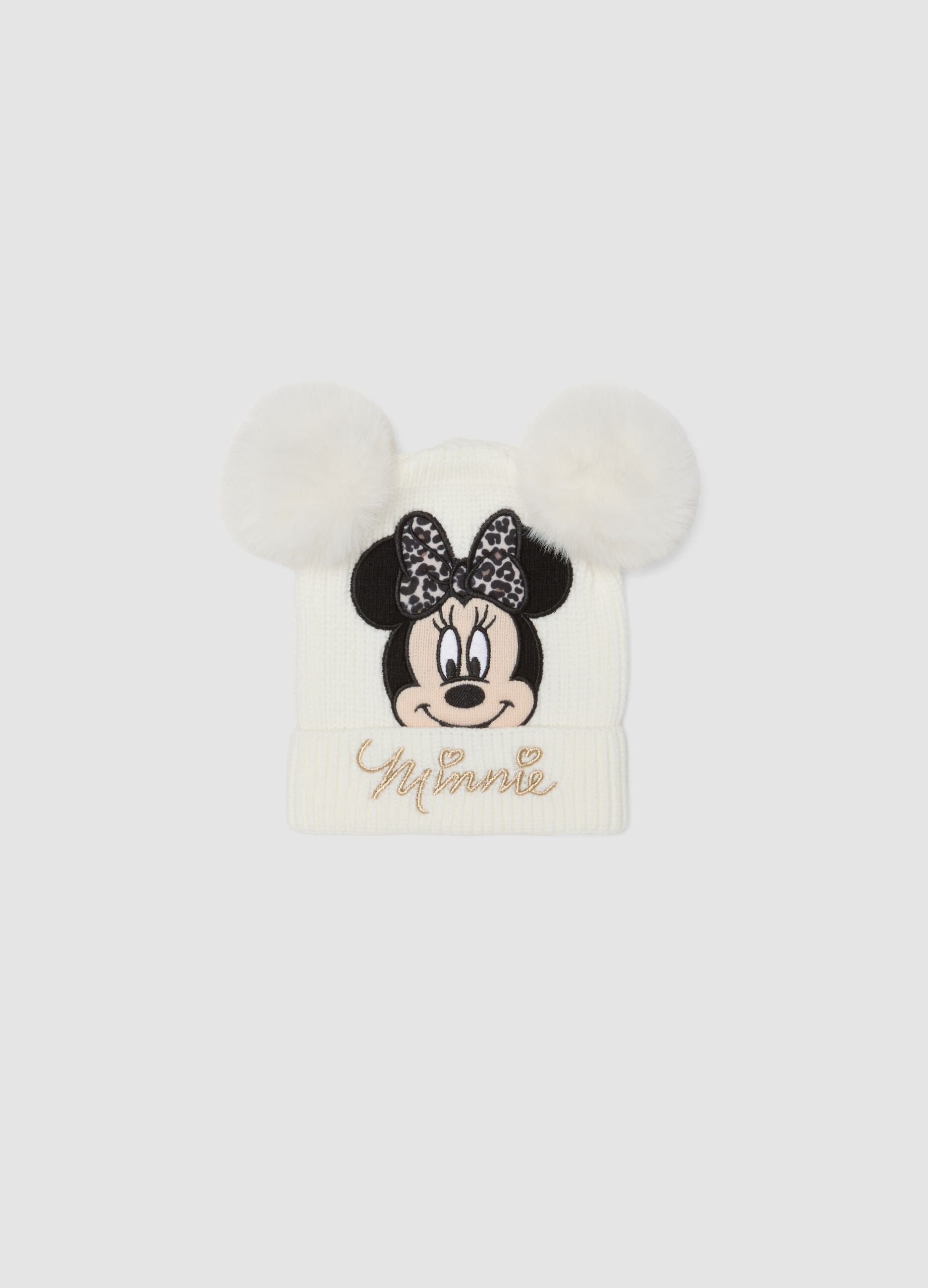 White viscose-blend hat with pom‑poms and Minnie embroidery