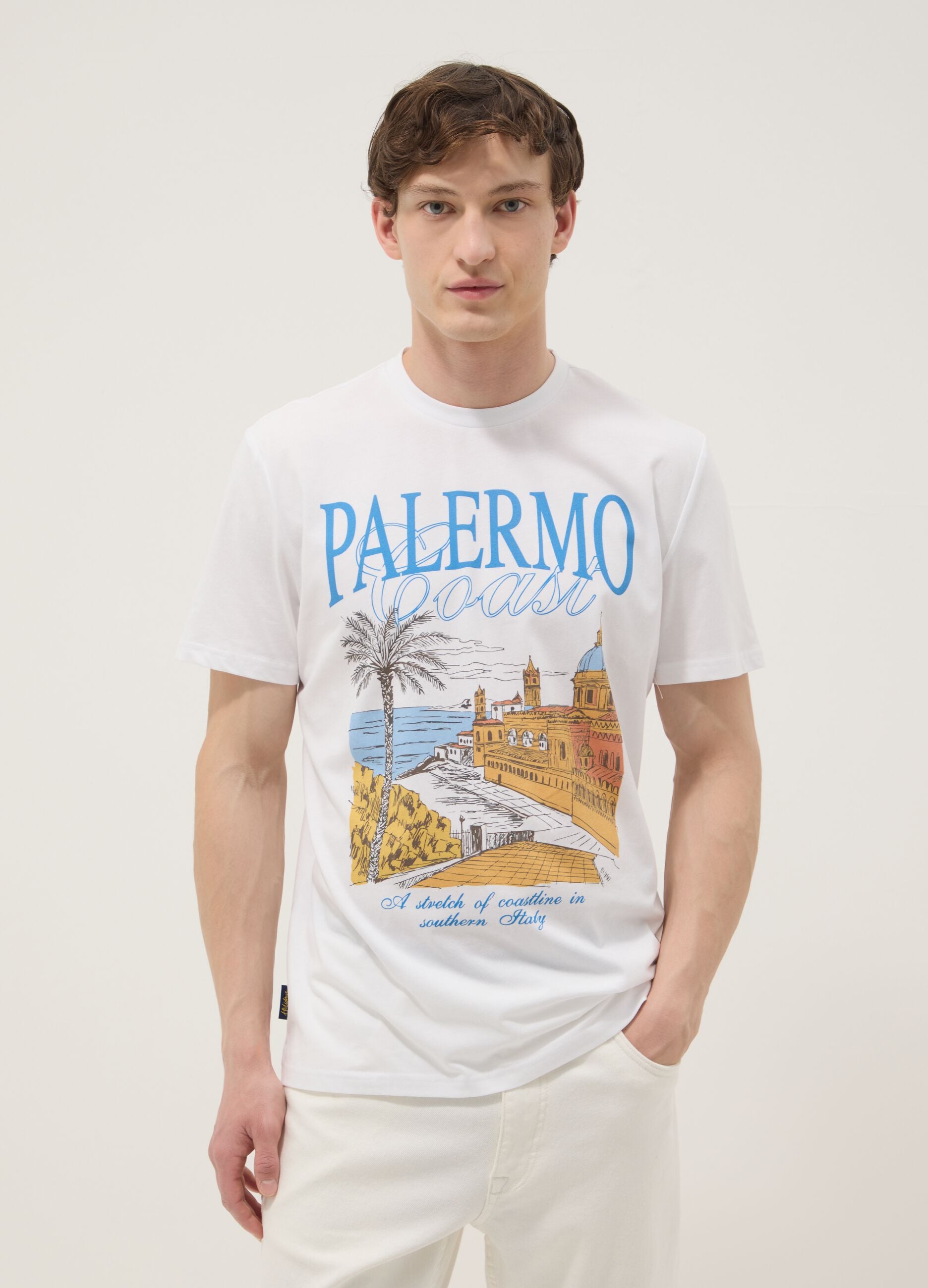 White pure cotton T-shirt with front print, regular fit