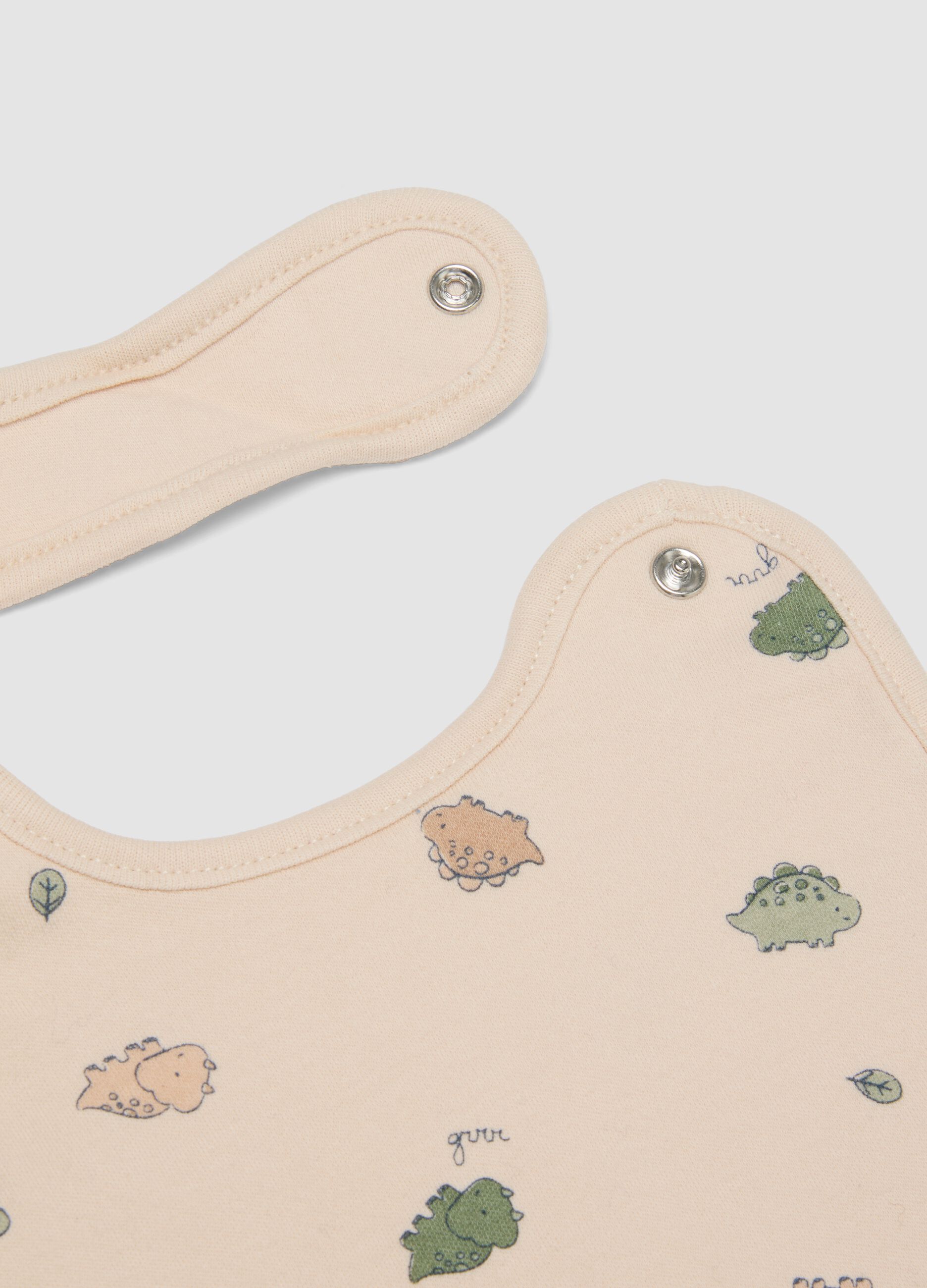 2-pack beige dinosaur print bibs in pure organic cotton