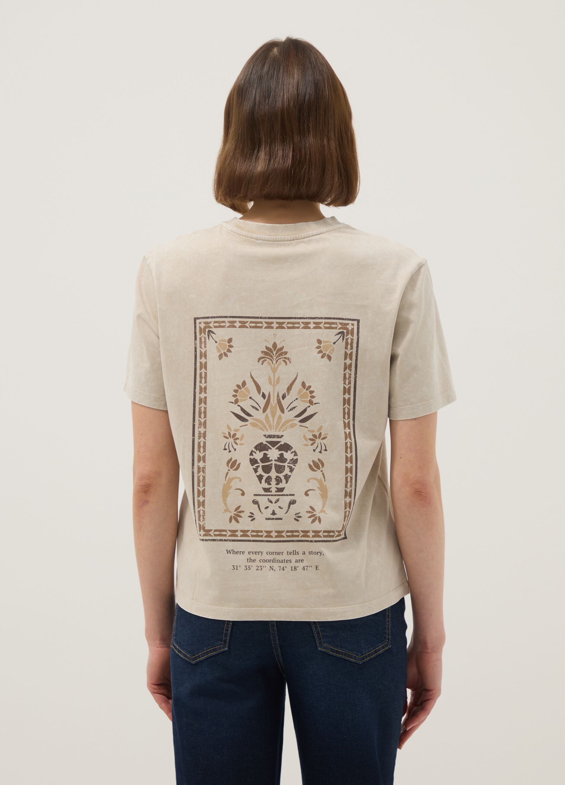 Beige pure cotton short-sleeve T-shirt, regular fit, with print