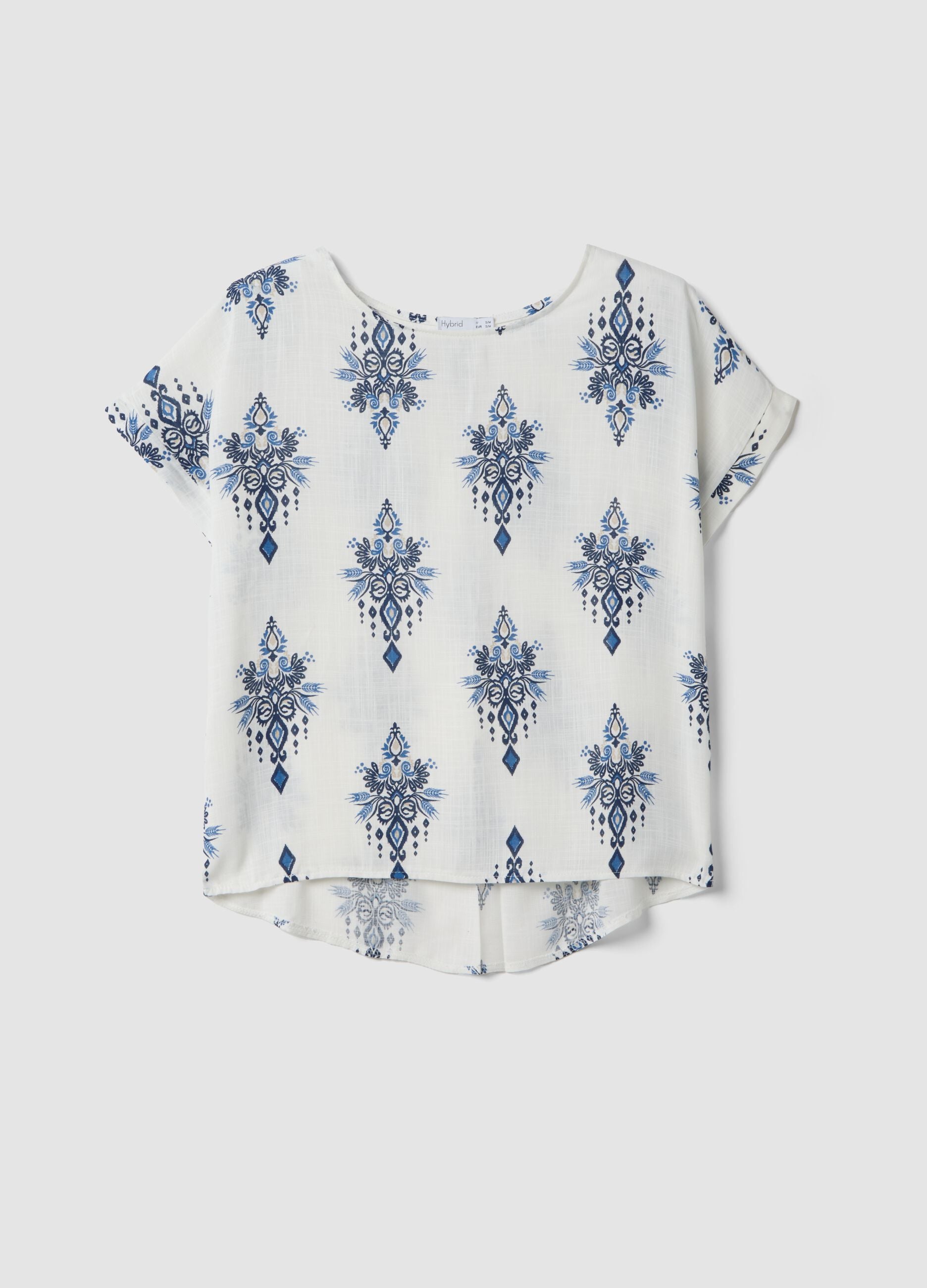 White pure viscose blouse with blue print, regular fit