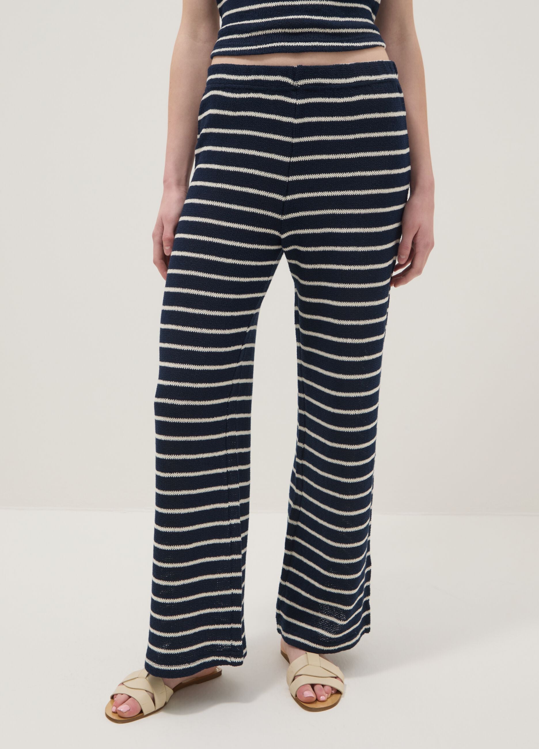 Blue striped wide-leg trousers with elasticated waist