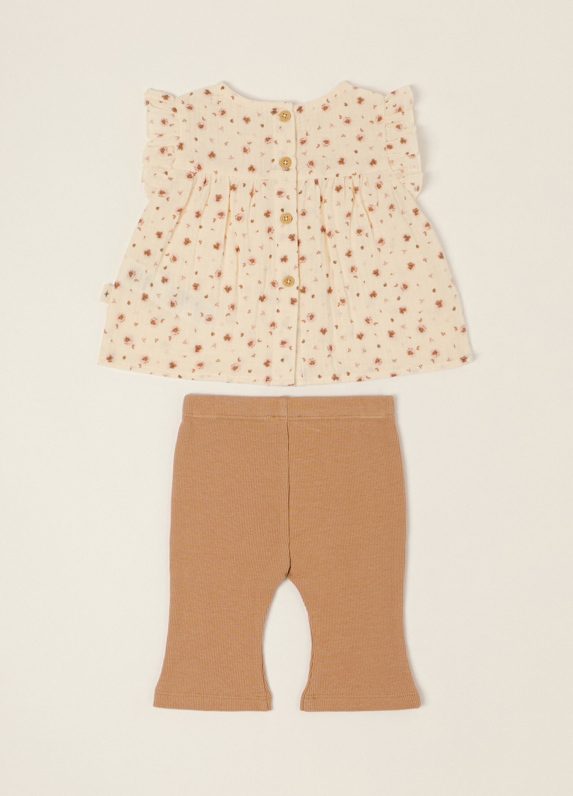 Completo beige da neonata in puro cotone con stampa floreale