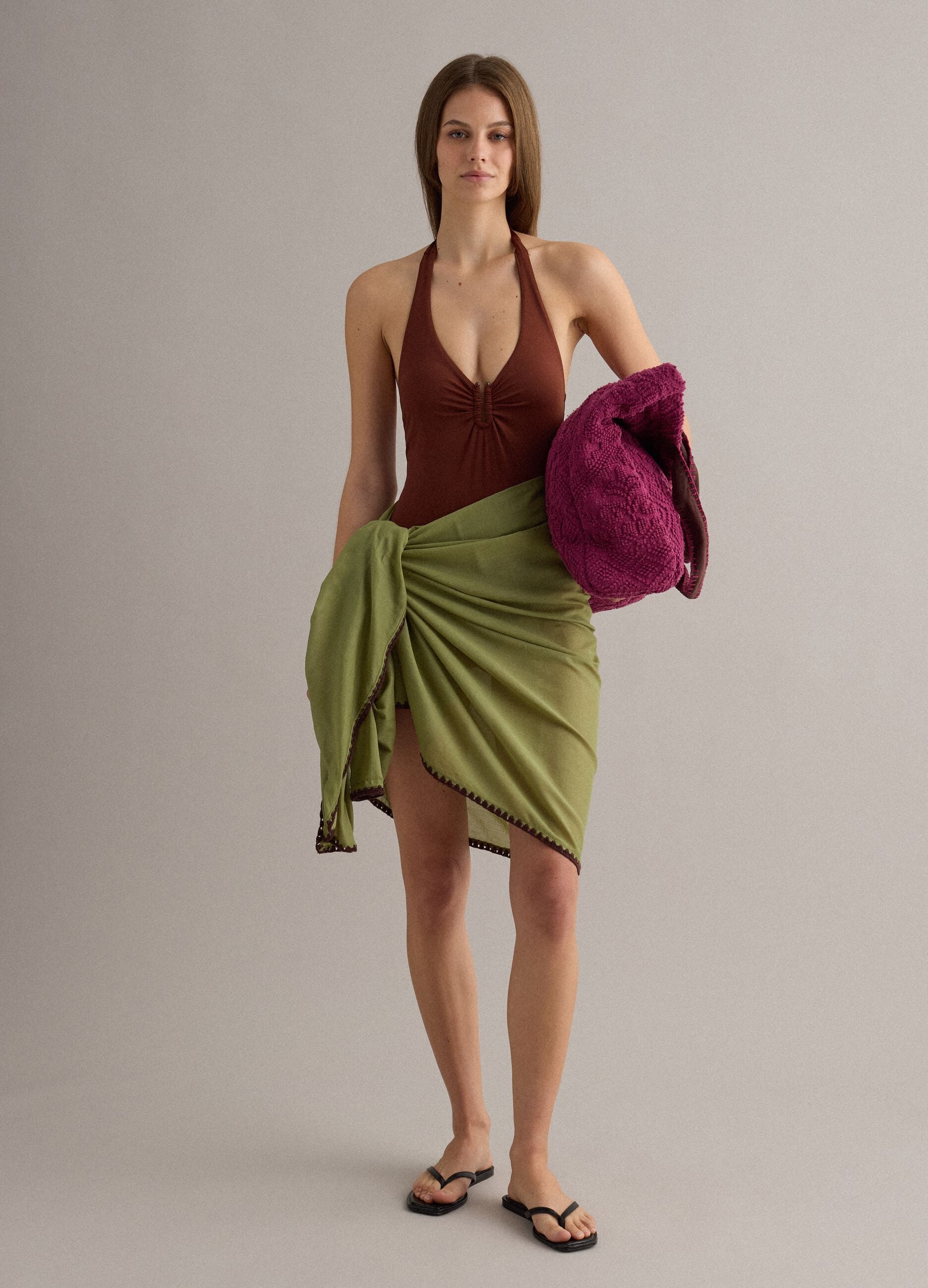 Brown stretch halterneck swimsuit